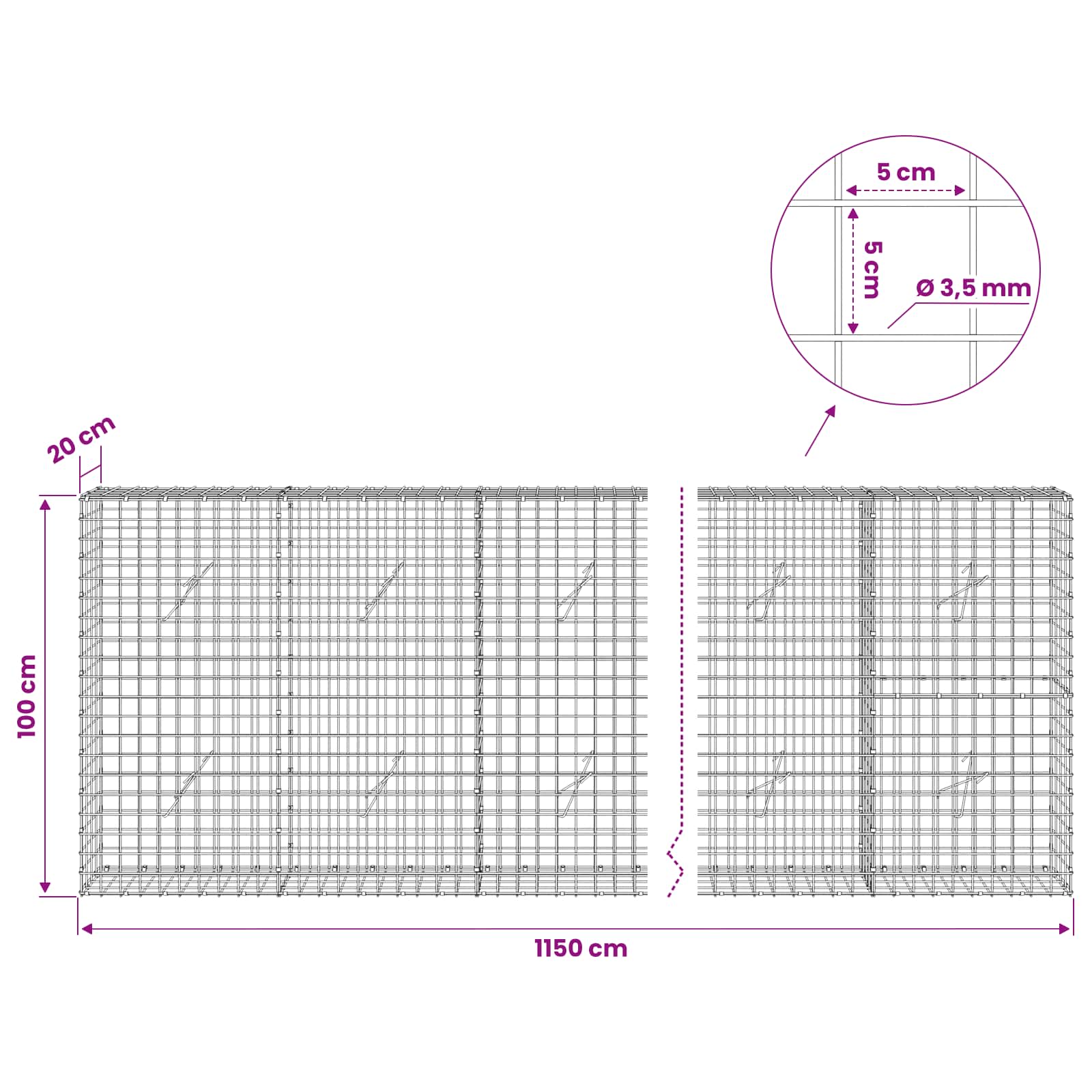 Gabion z žico 3,5 mm in mrežo 5x5 cm 1150x20x100 cm