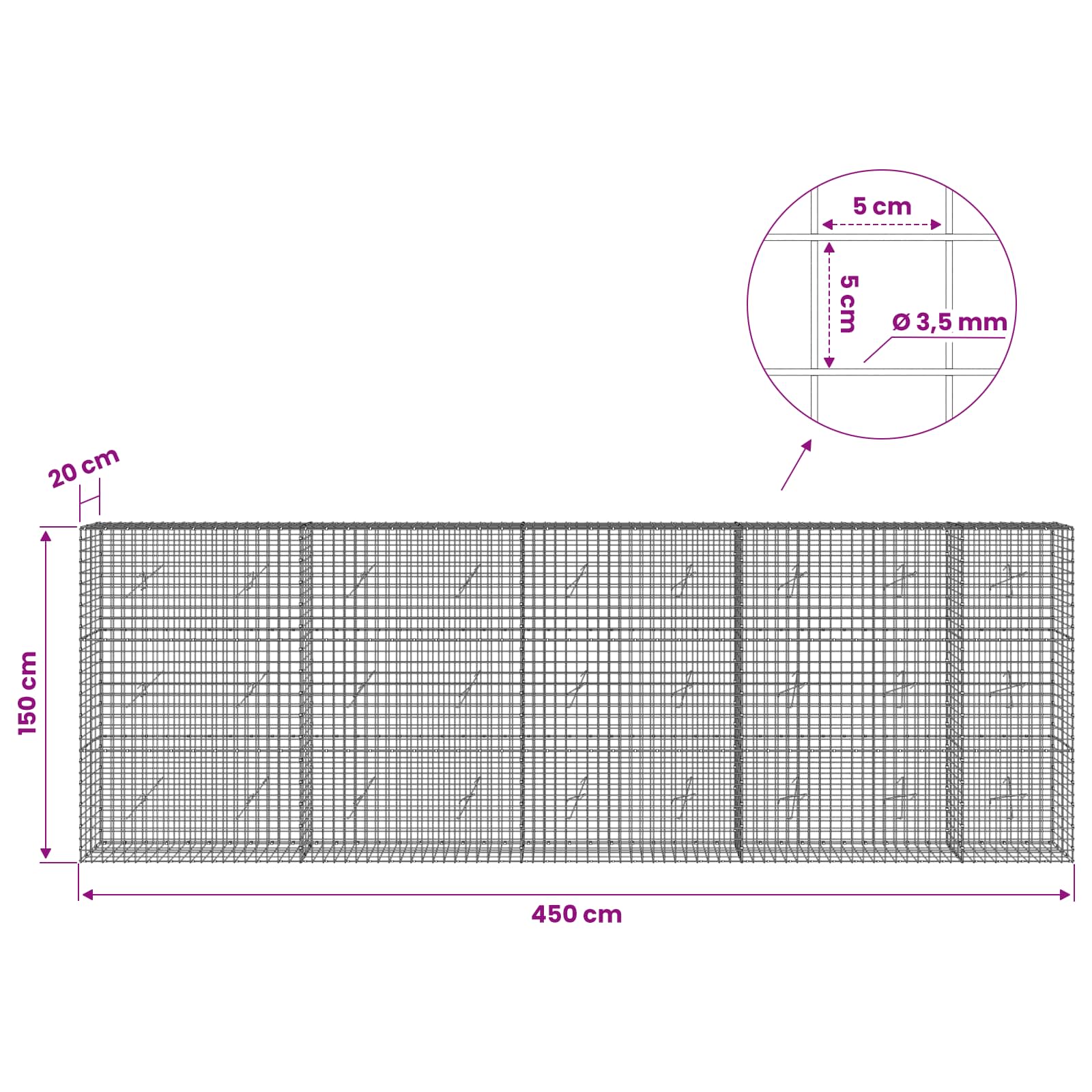 Gabion z žico 3,5 mm in mrežo 5x5 cm 450x20x150 cm