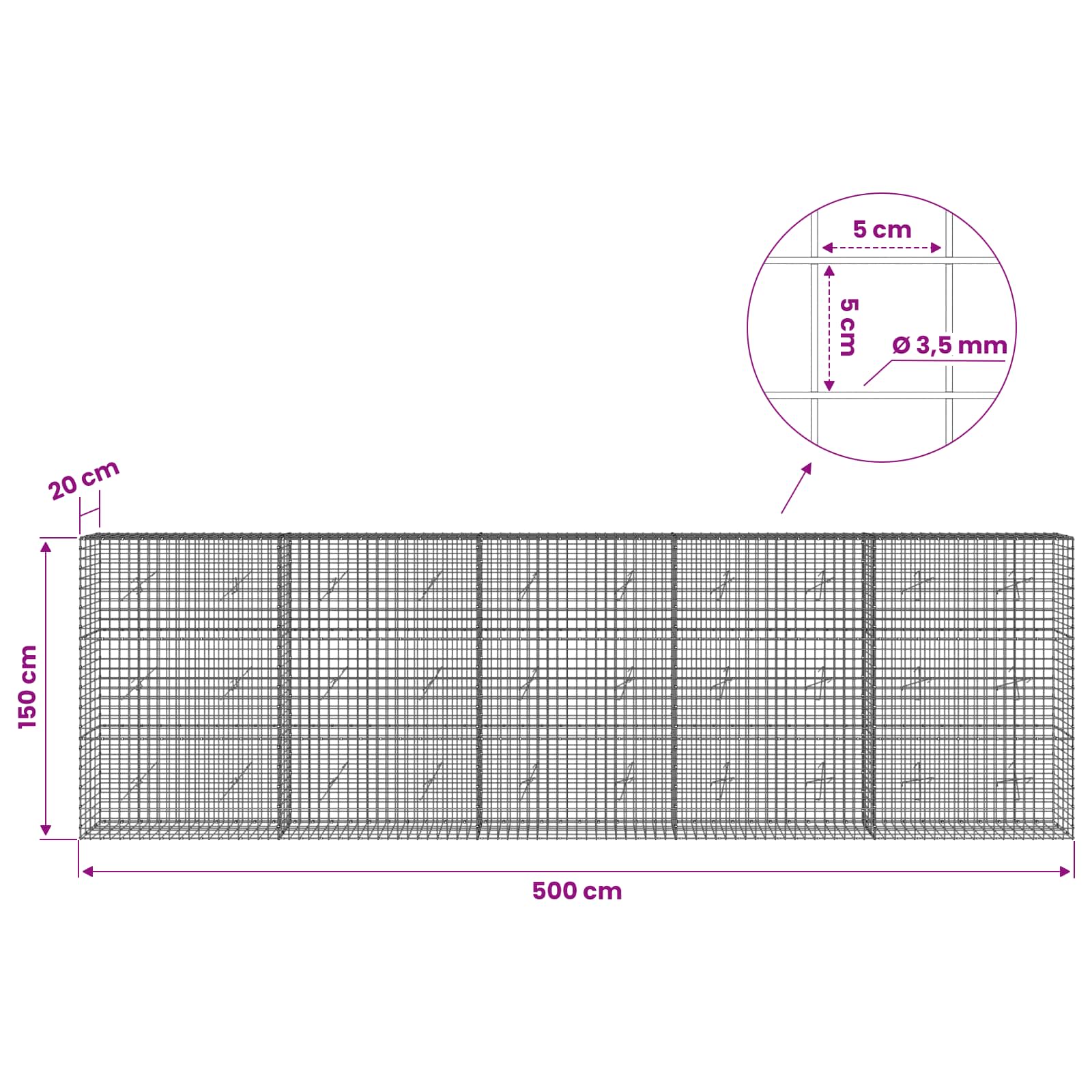 Gabion z žico 3,5 mm in mrežo 5x5 cm 500x20x150 cm