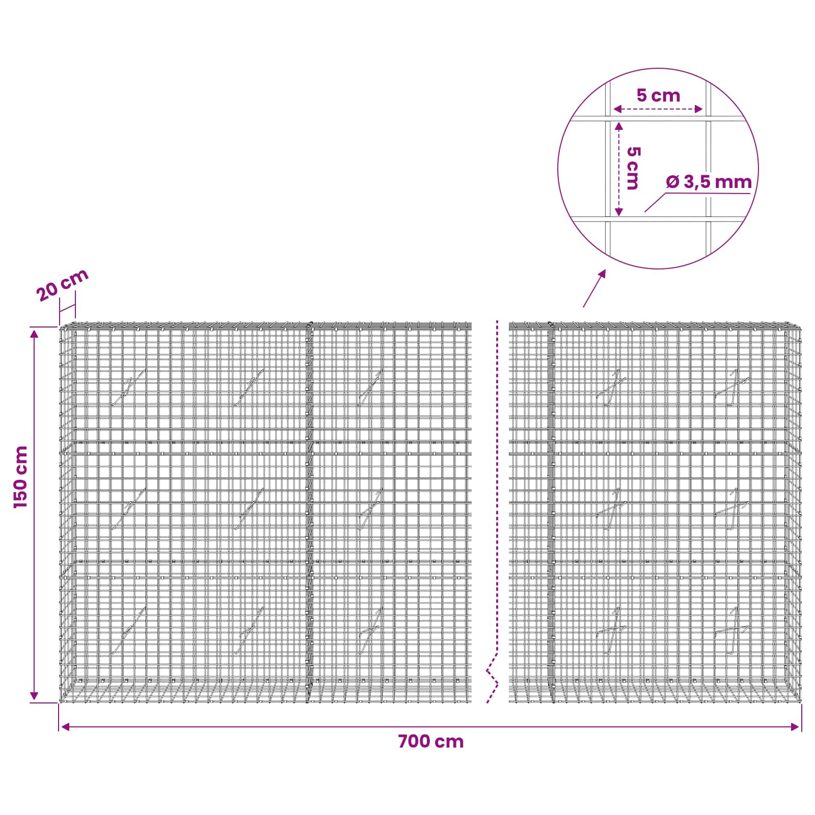 Gabion z žico 3,5 mm in mrežo 5x5 cm 700x20x150 cm