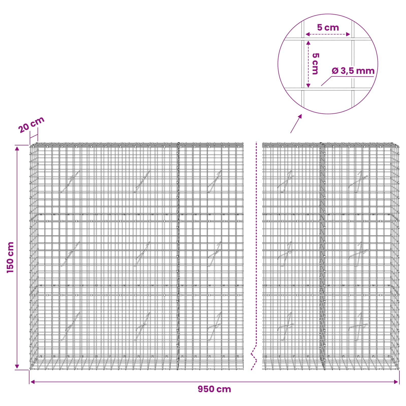 Gabion z žico 3,5 mm in mrežo 5x5 cm 950x20x150 cm