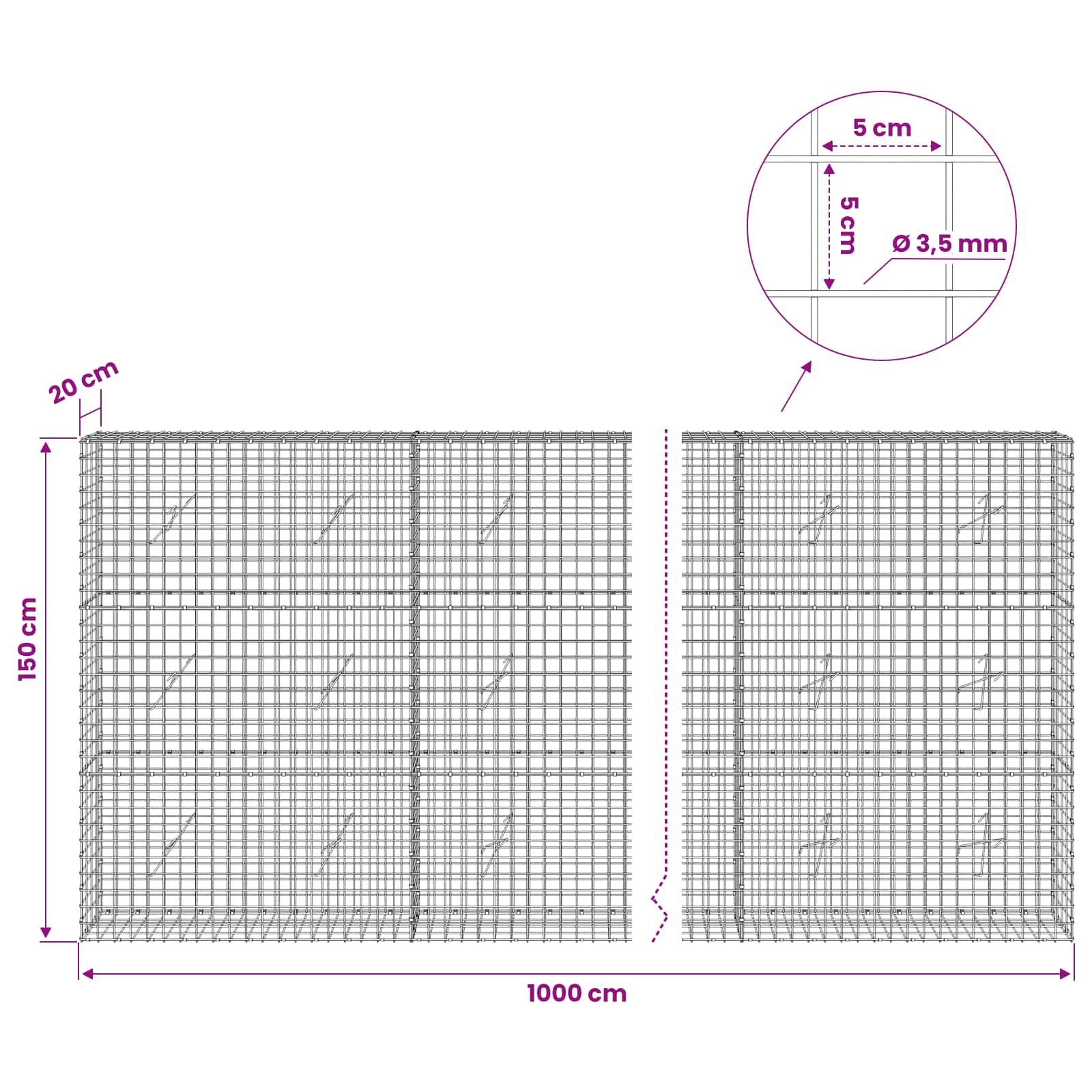 Gabion z žico 3,5 mm in mrežo 5x5 cm 1000x20x150 cm