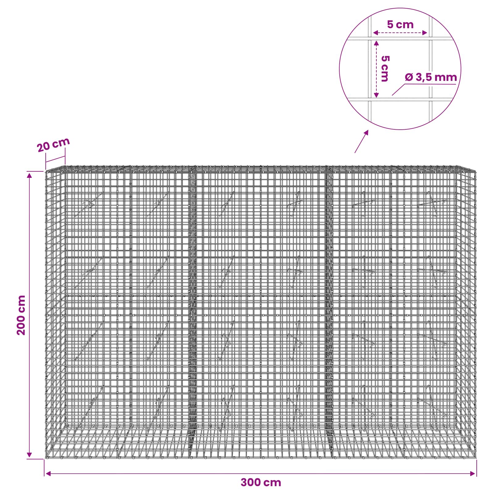 Gabion z žico 3,5 mm in mrežo 5x5 cm 300x20x200 cm