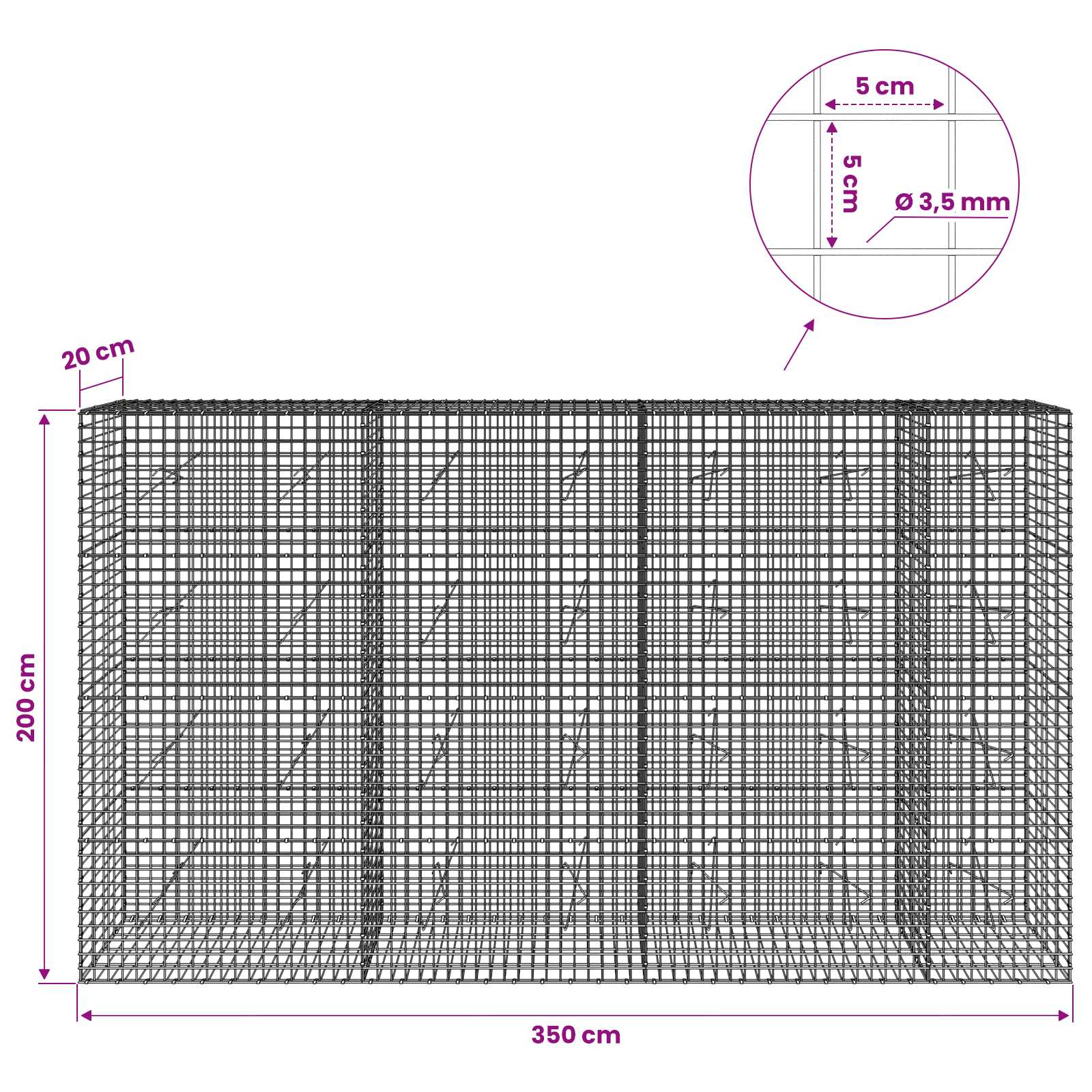 Gabion z žico 3,5 mm in mrežo 5x5 cm 350x20x200 cm
