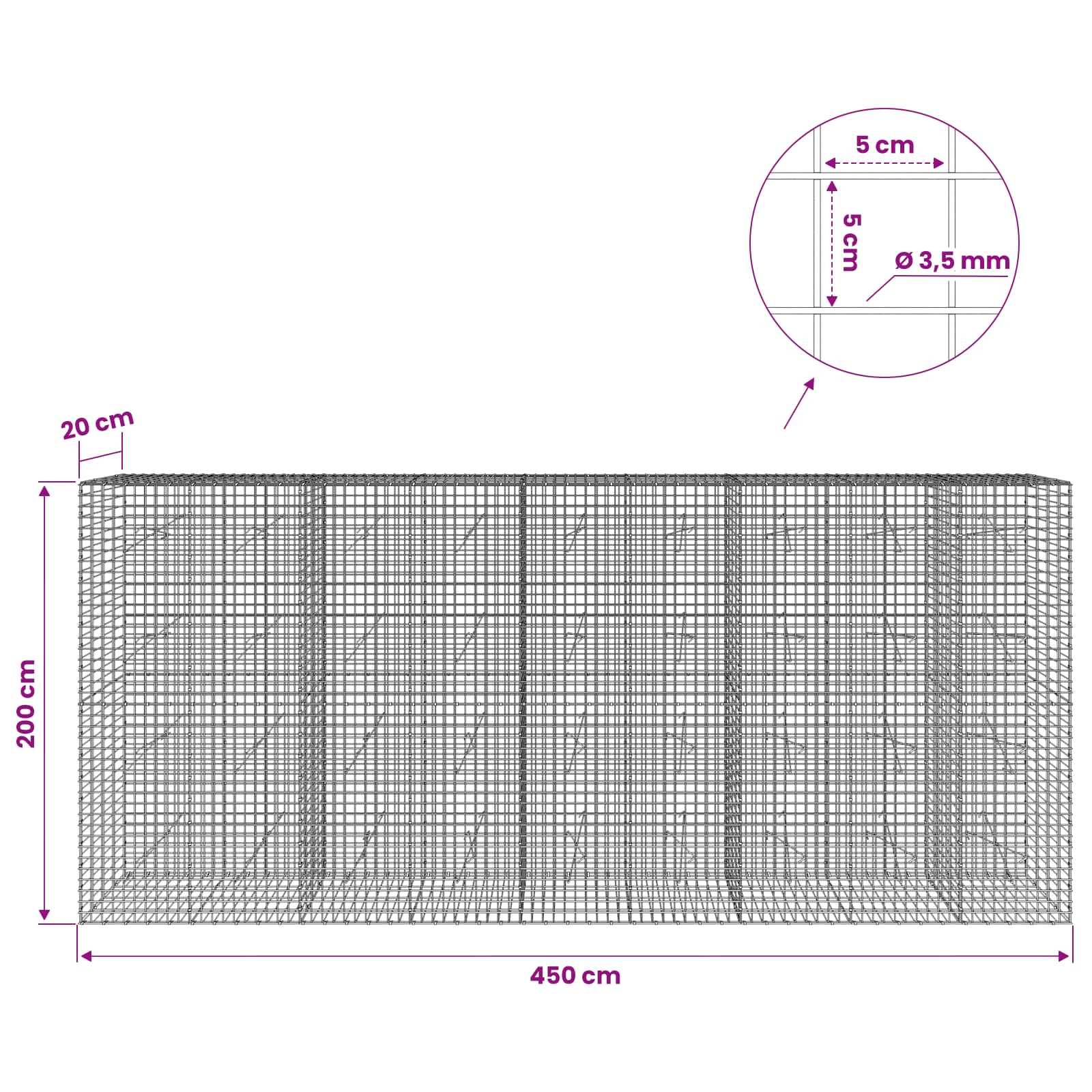 Gabion z žico 3,5 mm in mrežo 5x5 cm 450x20x200 cm