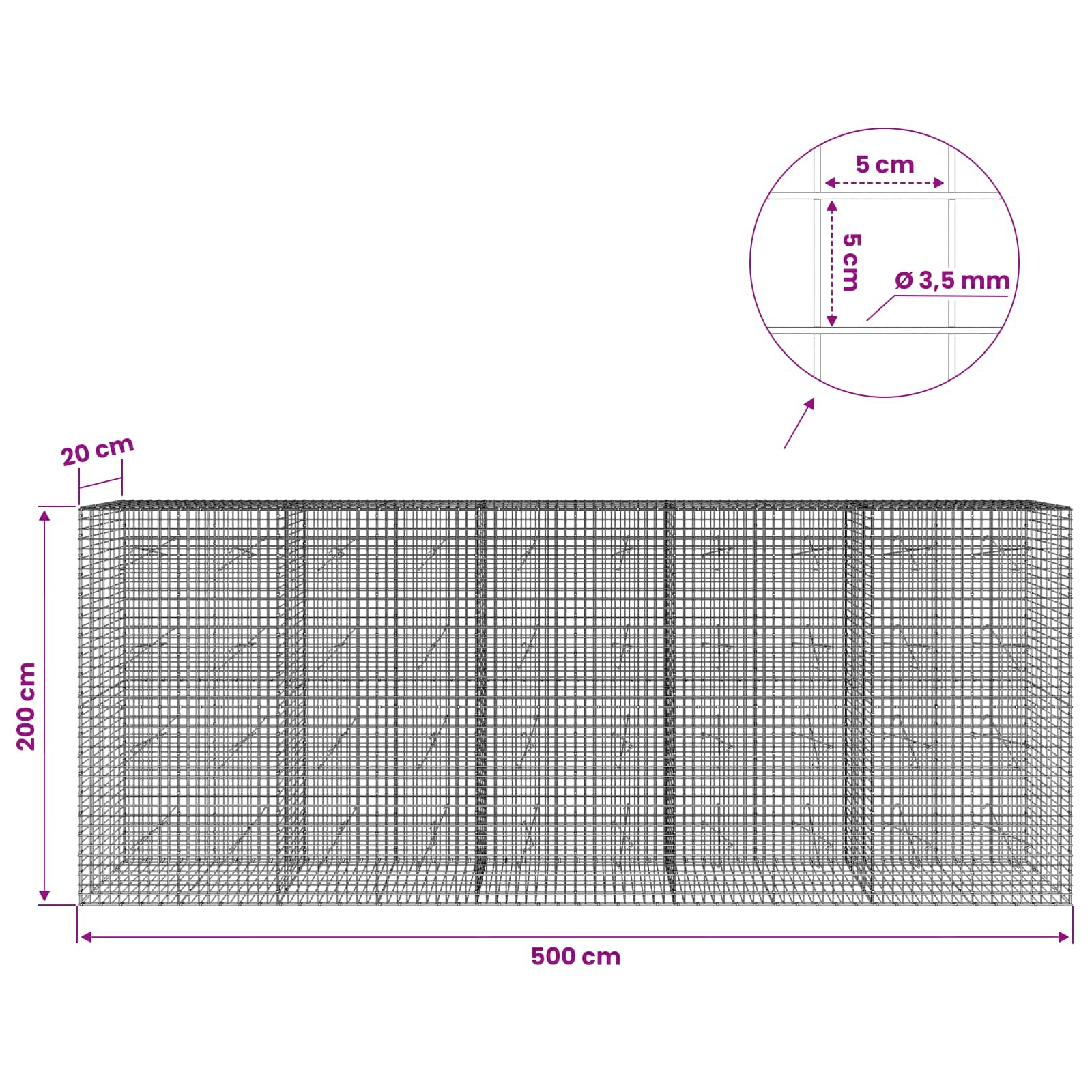Gabion z žico 3,5 mm in mrežo 5x5 cm 500x20x200 cm