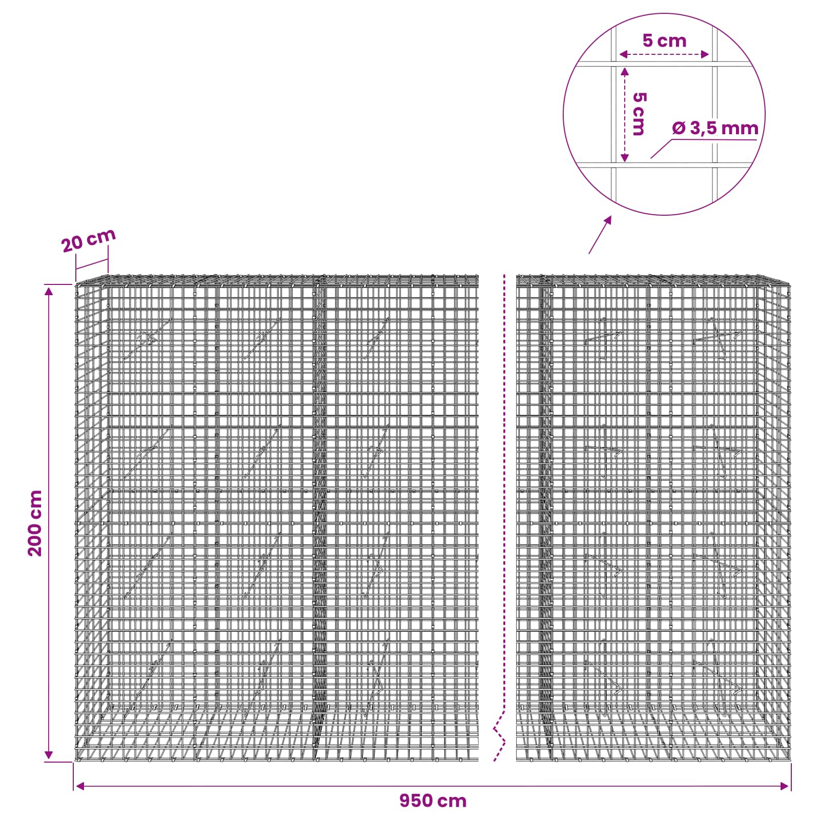 Gabion z žico 3,5 mm in mrežo 5x5 cm 950x20x200 cm