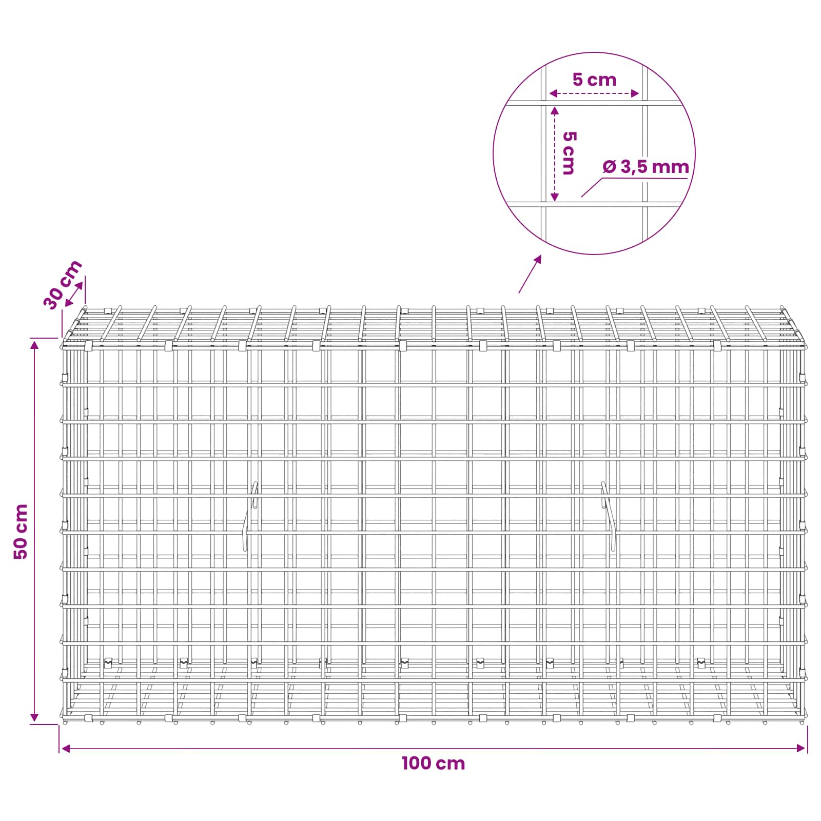 Gabion z žico 3,5 mm in mrežo 5x5 cm 100x30x50 cm
