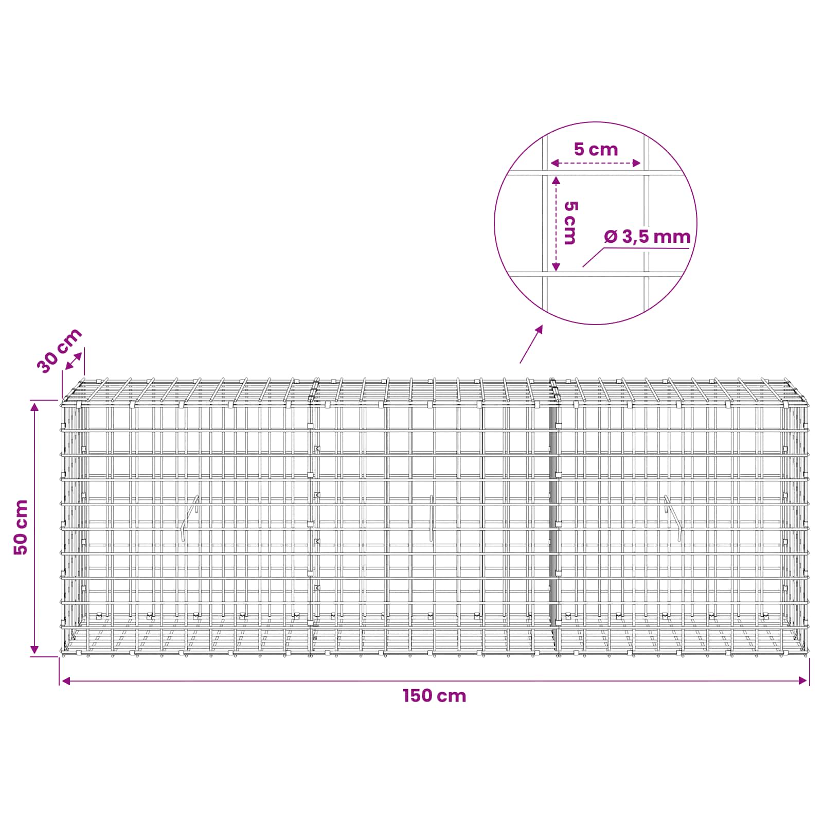 Gabion z žico 3,5 mm in mrežo 5x5 cm 150x30x50 cm