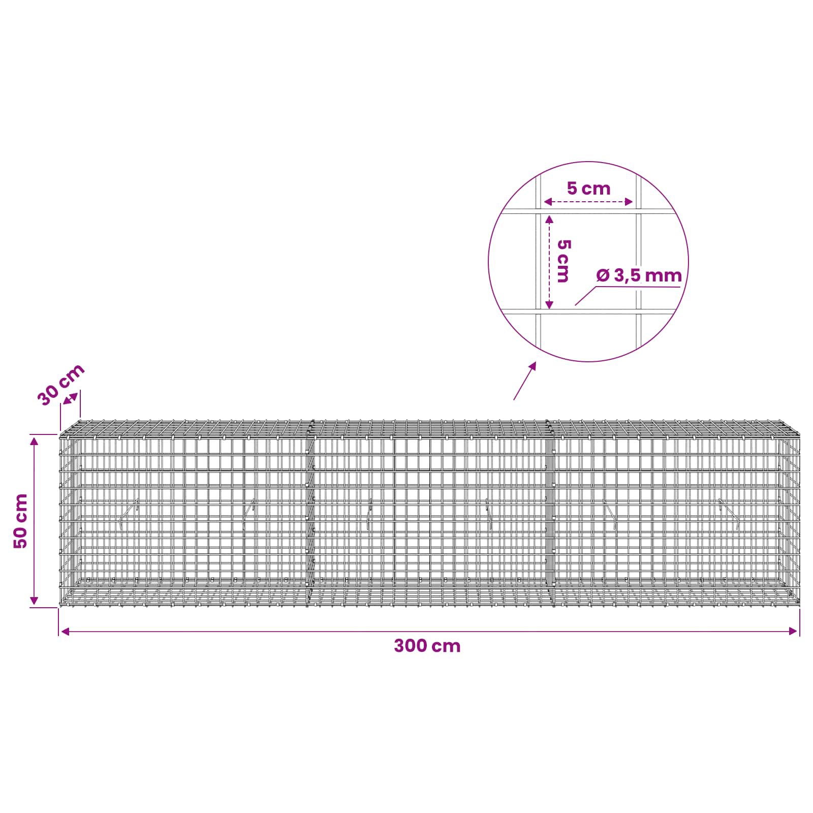 Gabion z žico 3,5 mm in mrežo 5x5 cm 300x30x50 cm
