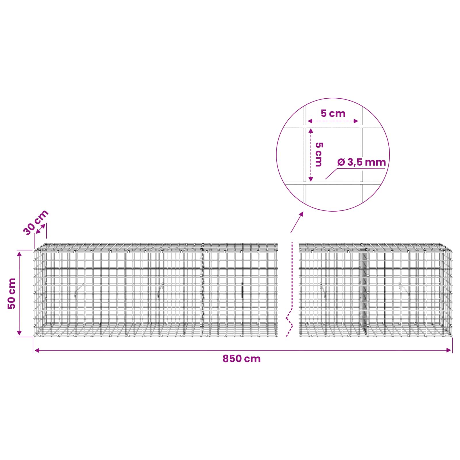 Gabion z žico 3,5 mm in mrežo 5x5 cm 850x30x50 cm