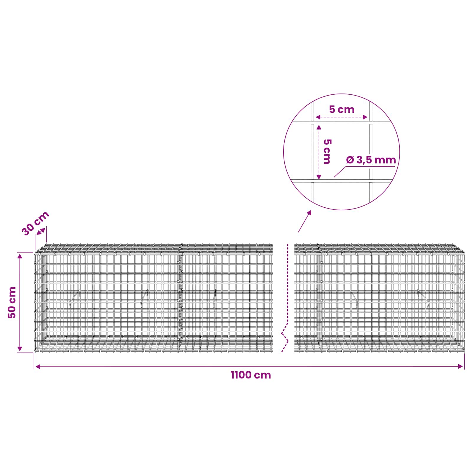Gabion z žico 3,5 mm in mrežo 5x5 cm 1100x30x50 cm