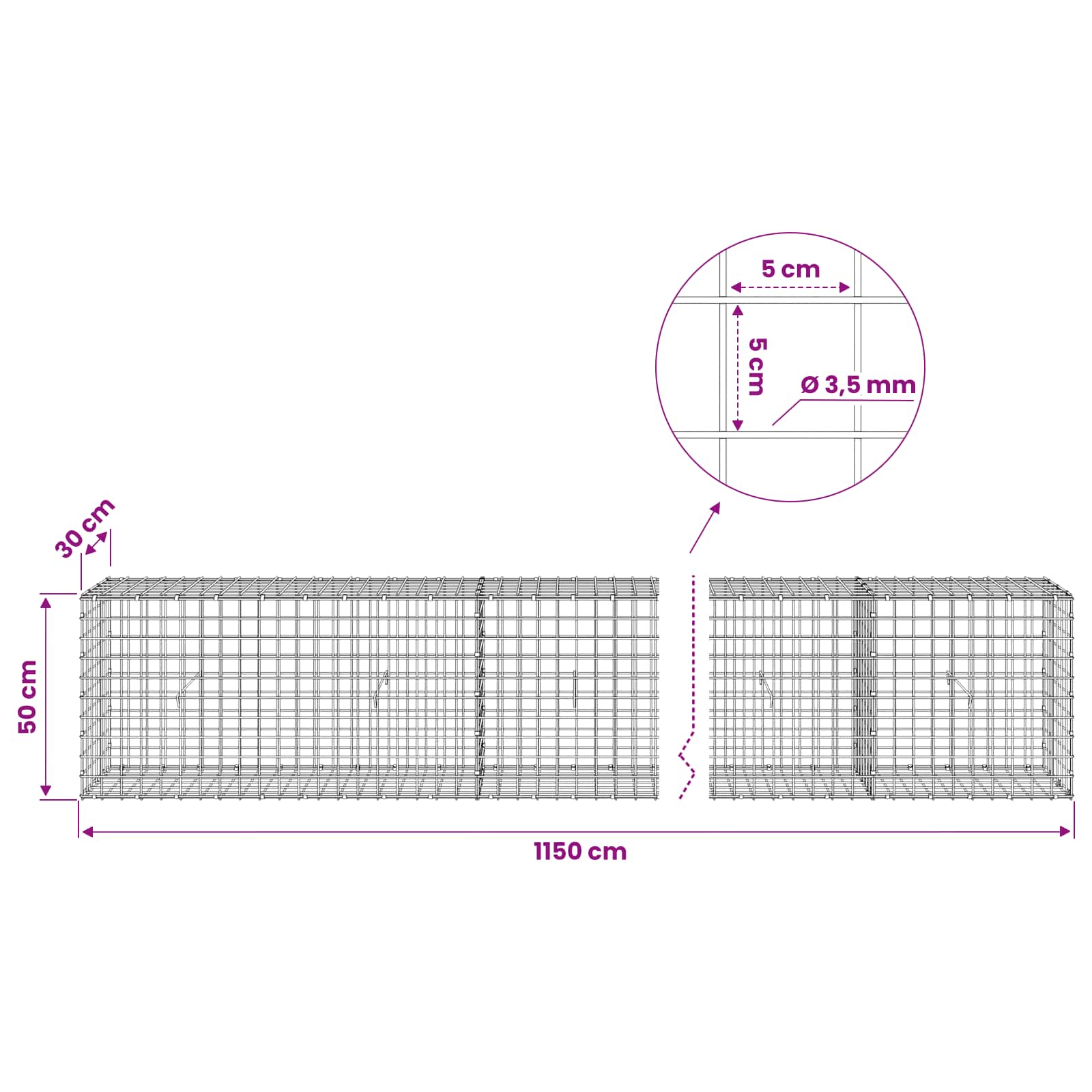 Gabion z žico 3,5 mm in mrežo 5x5 cm 1150x30x50 cm