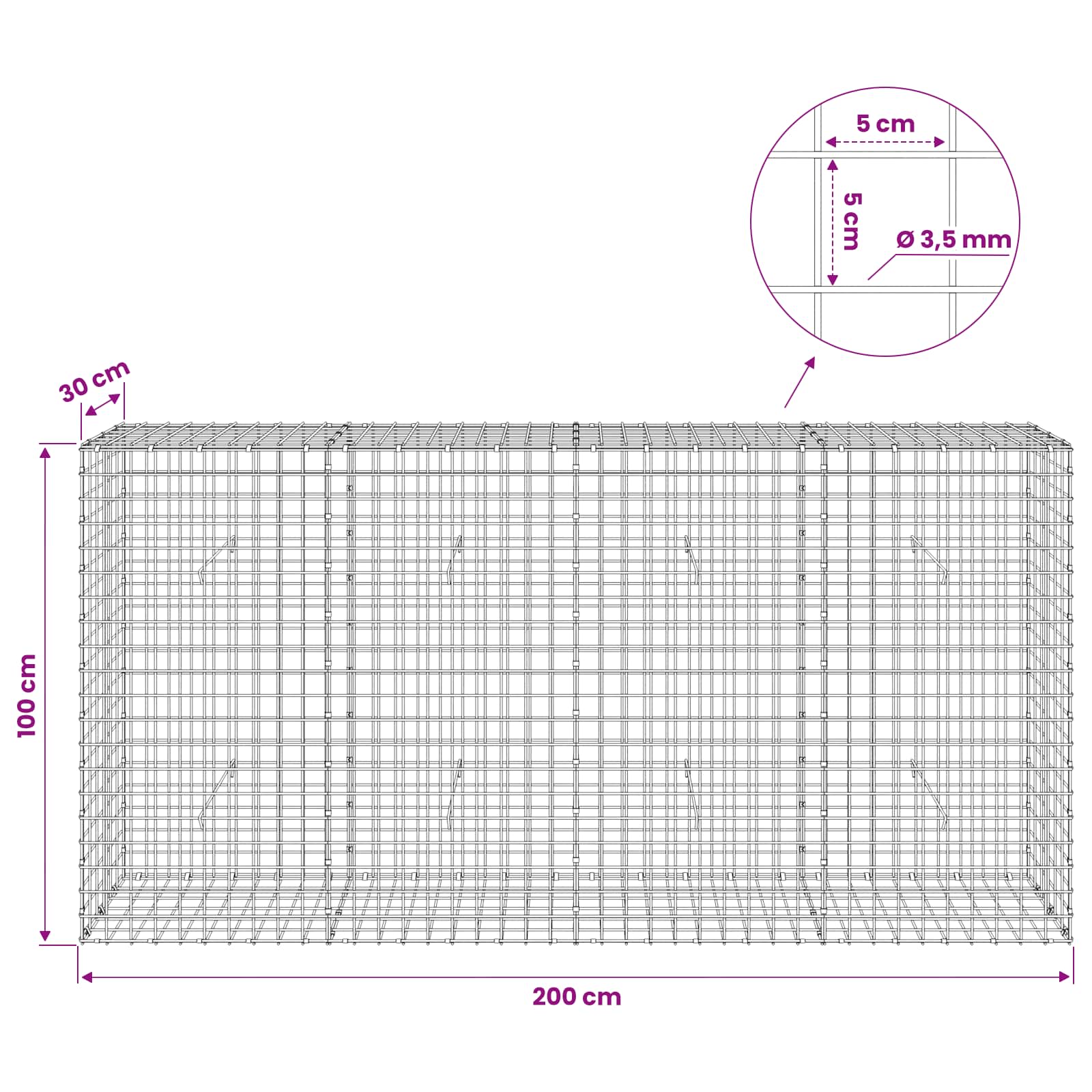 Gabion z žico 3,5 mm in mrežo 5x5 cm 200x30x100 cm