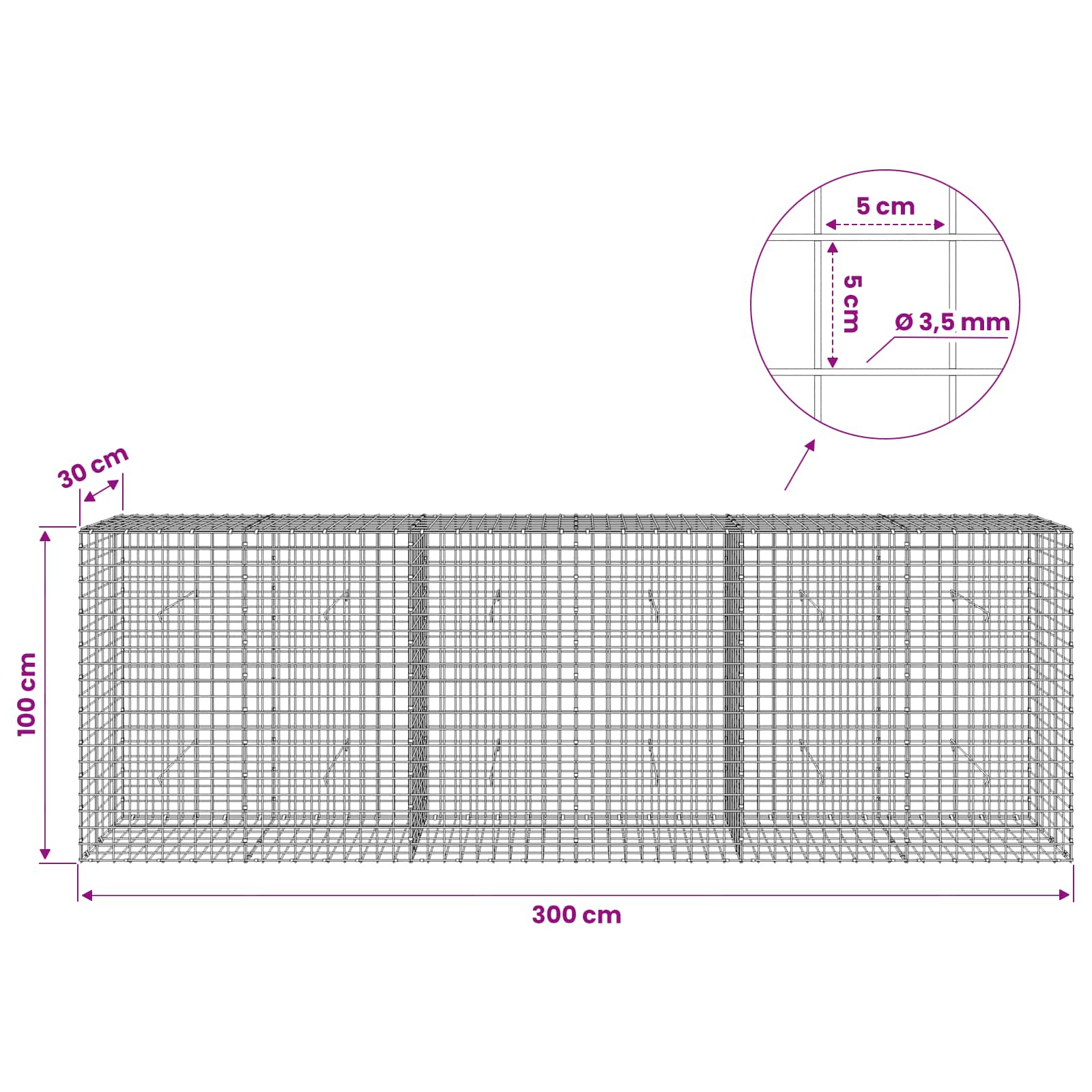 Gabion z žico 3,5 mm in mrežo 5x5 cm 300x30x100 cm