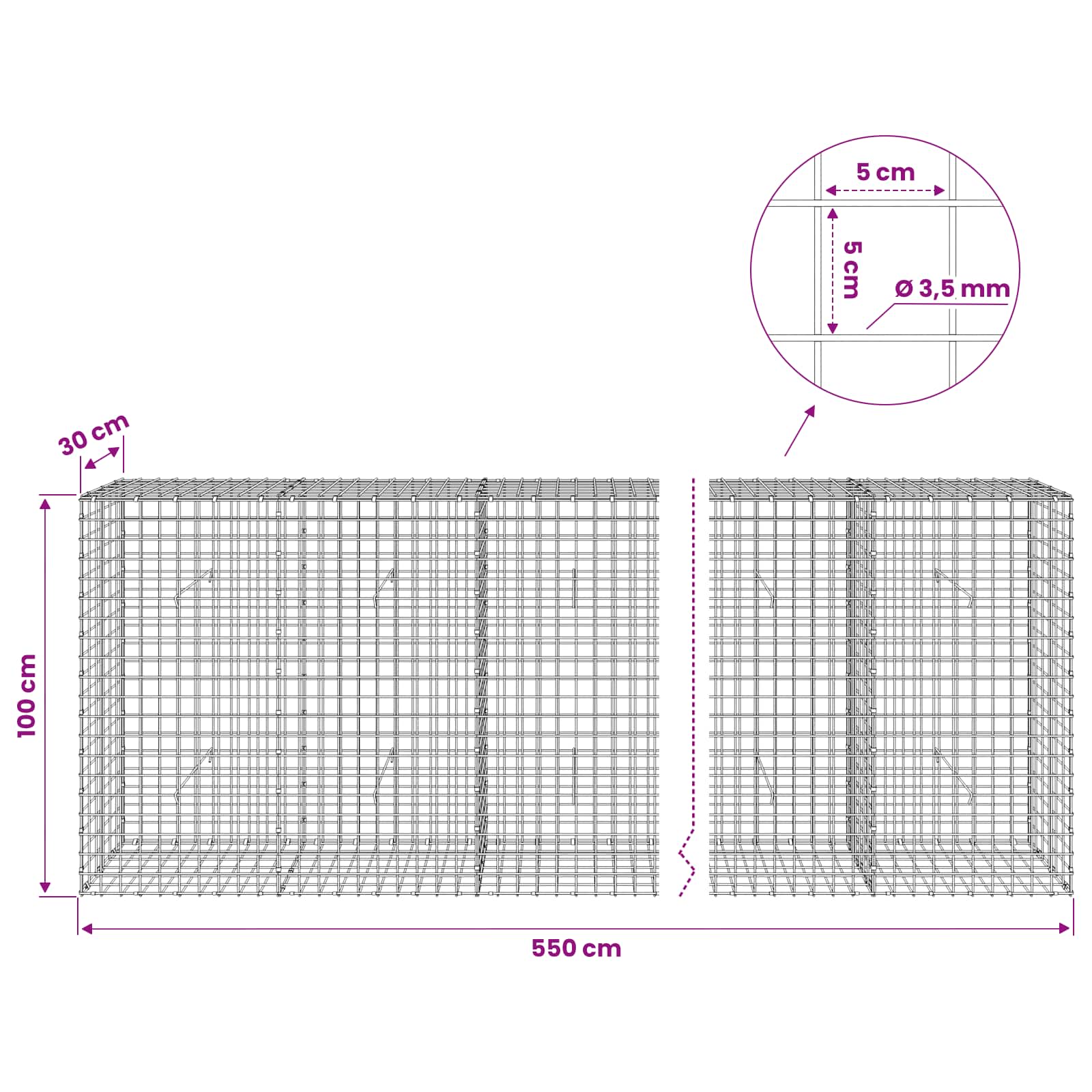 Gabion z žico 3,5 mm in mrežo 5x5 cm 550x30x100 cm