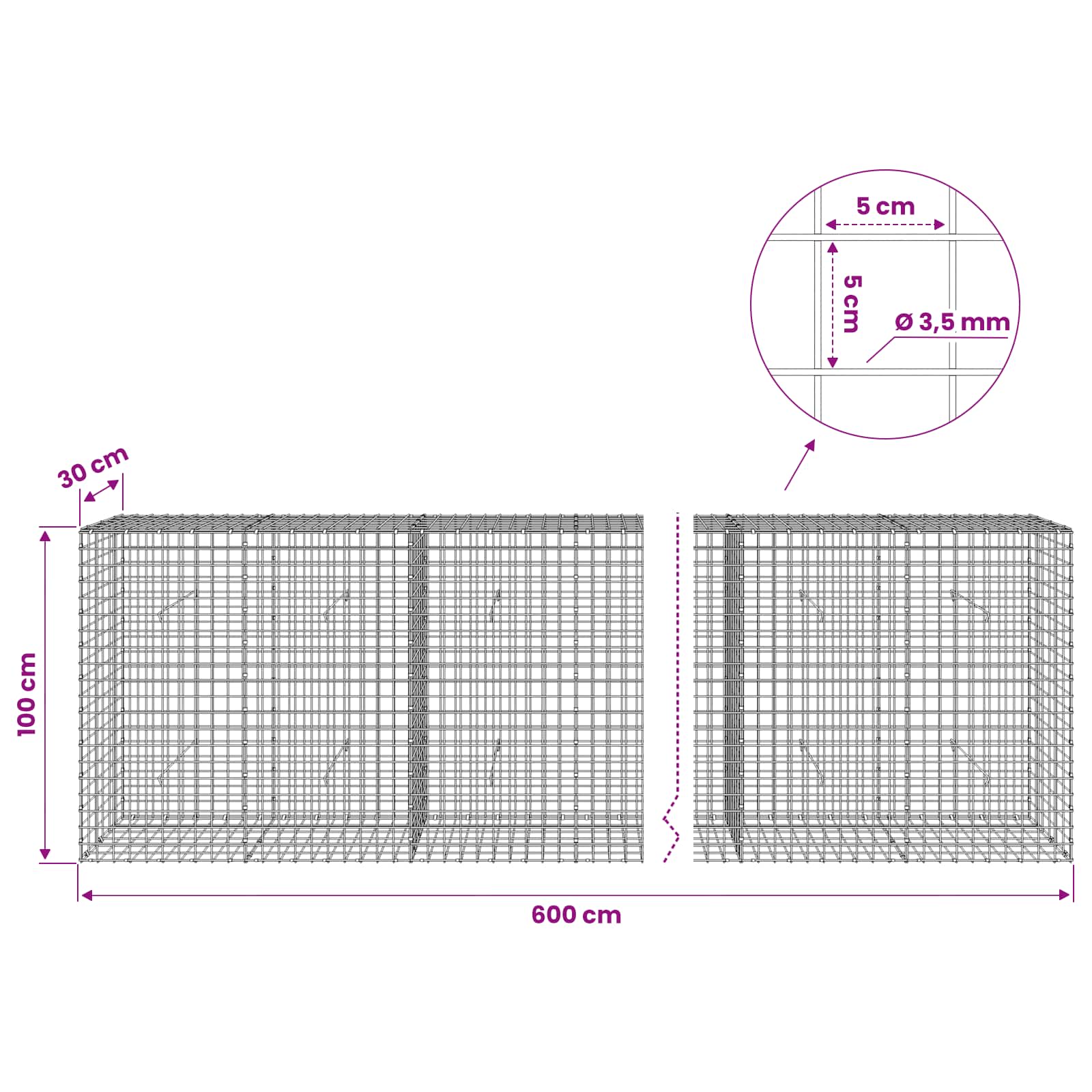Gabion z žico 3,5 mm in mrežo 5x5 cm 600x30x100 cm