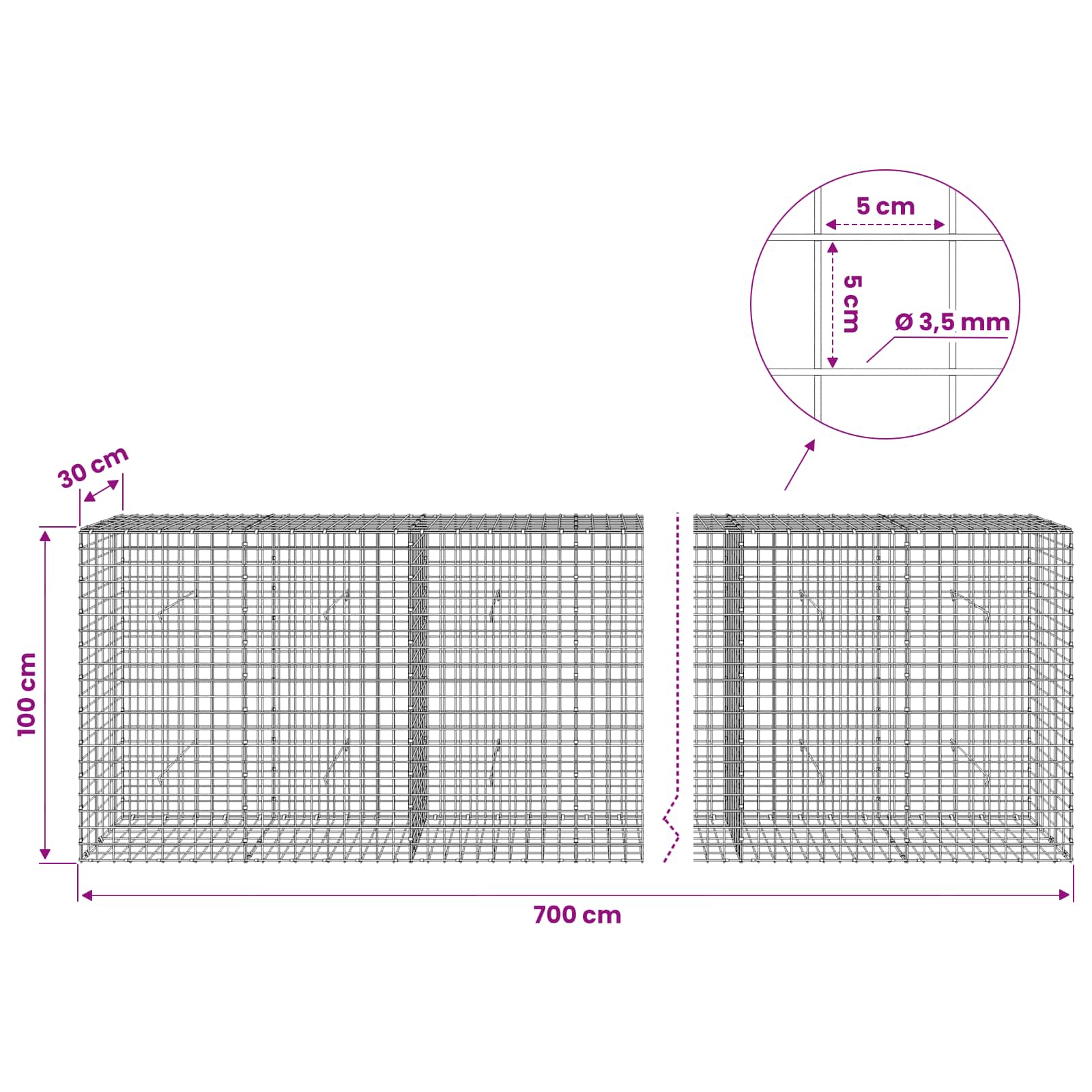 Gabion z žico 3,5 mm in mrežo 5x5 cm 700x30x100 cm