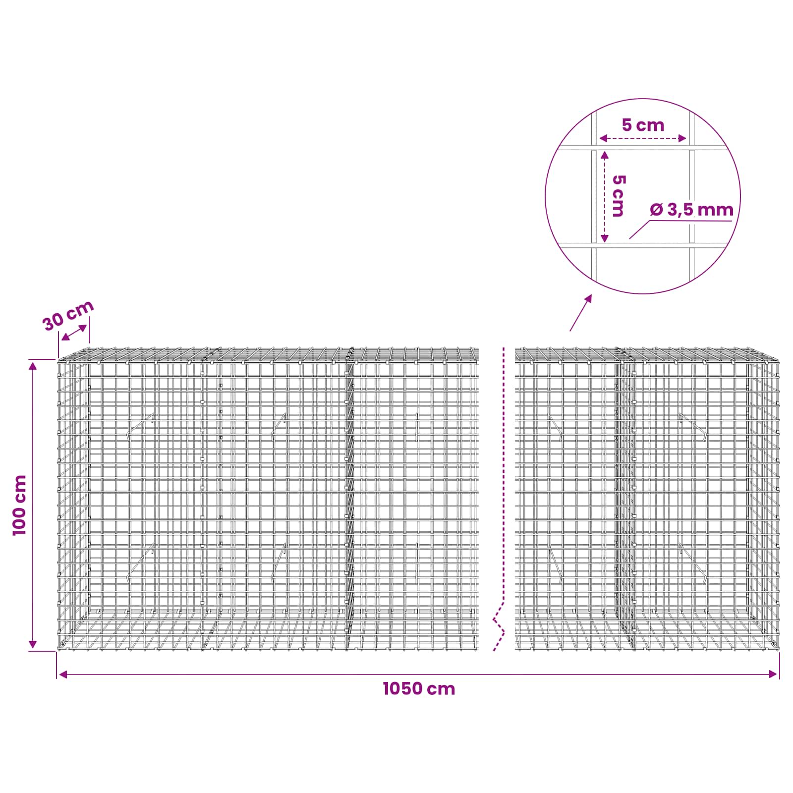 Gabion z žico 3,5 mm in mrežo 5x5 cm 1050x30x100 cm