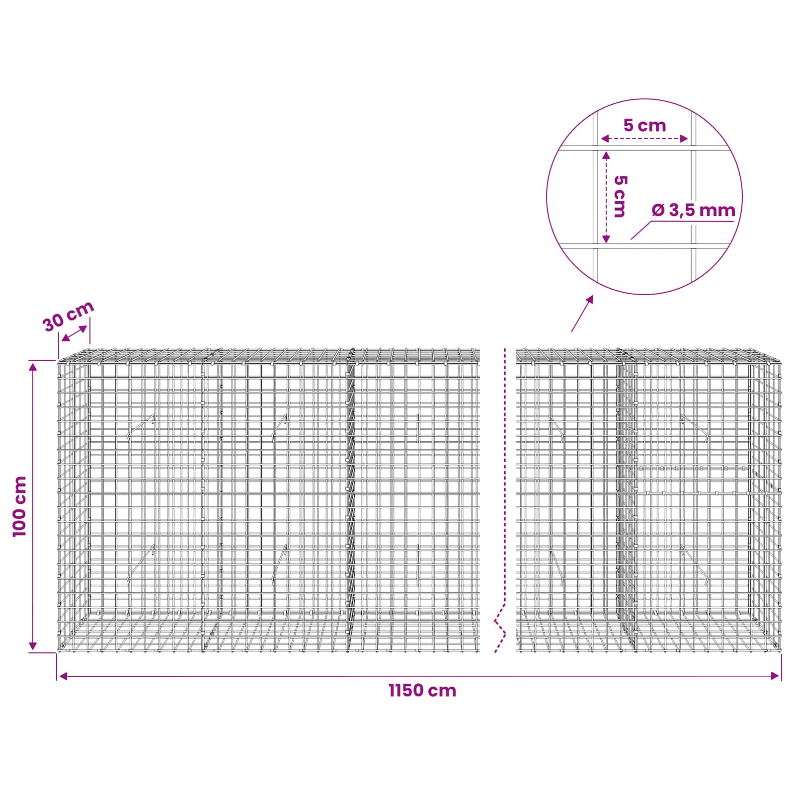 Gabion z žico 3,5 mm in mrežo 5x5 cm 1150x30x100 cm