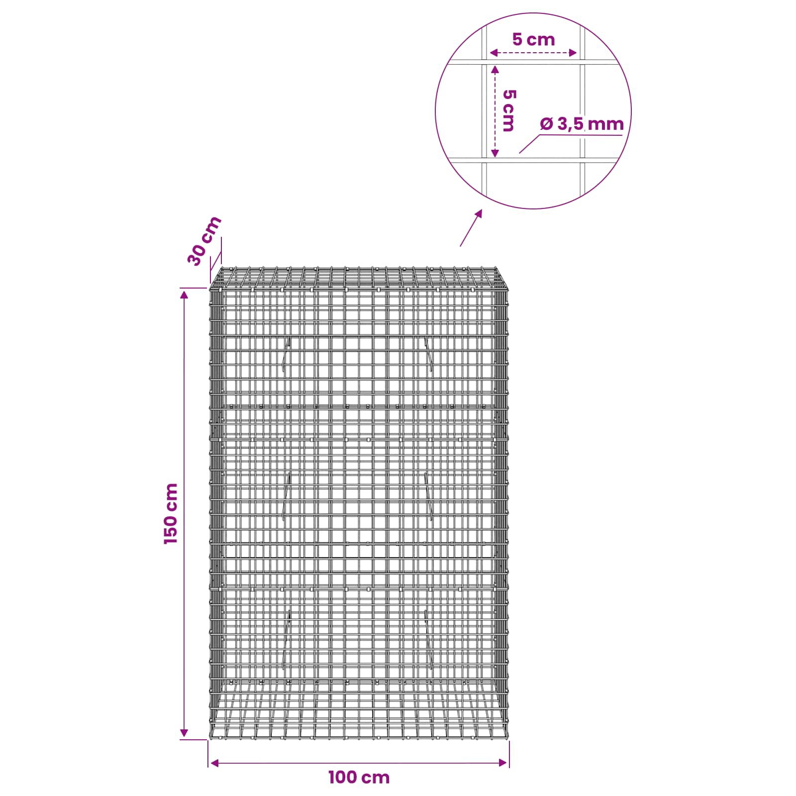 Gabion z žico 3,5 mm in mrežo 5x5 cm 100x30x150 cm
