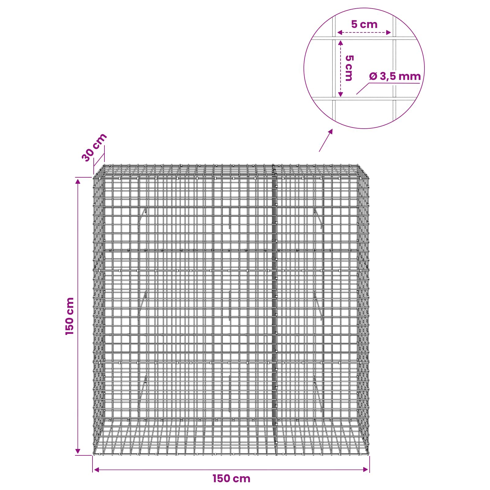 Gabion z žico 3,5 mm in mrežo 5x5 cm 150x30x150 cm