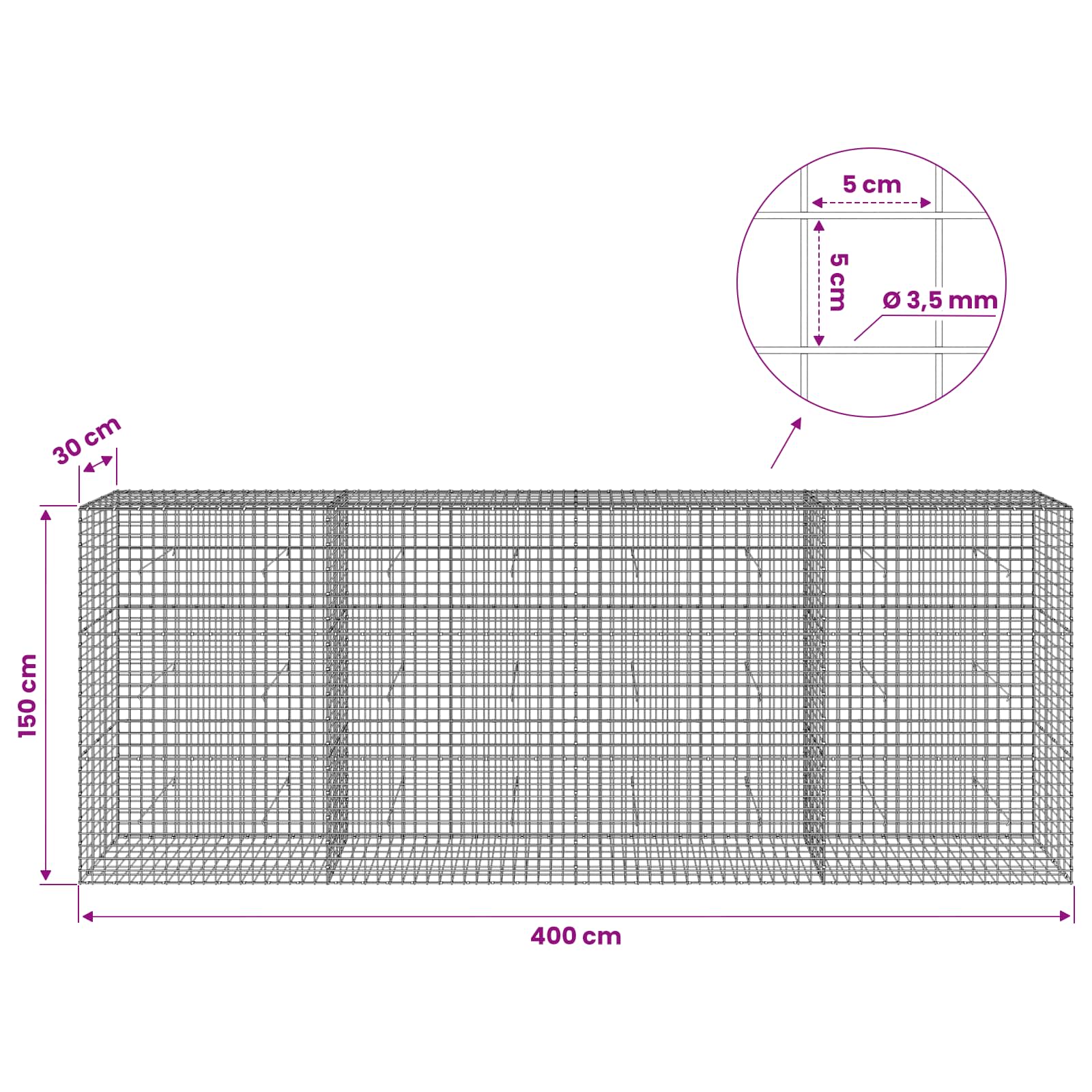 Gabion z žico 3,5 mm in mrežo 5x5 cm 400x30x150 cm
