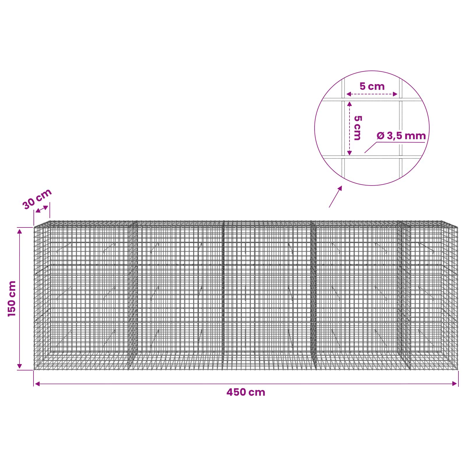 Gabion z žico 3,5 mm in mrežo 5x5 cm 450x30x150 cm