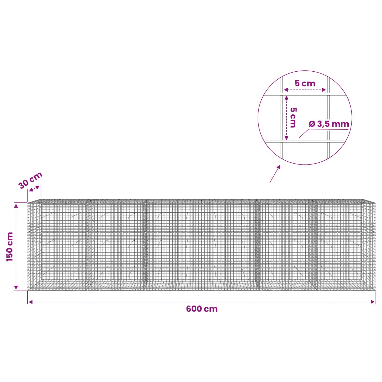 Gabion z žico 3,5 mm in mrežo 5x5 cm 600x30x150 cm
