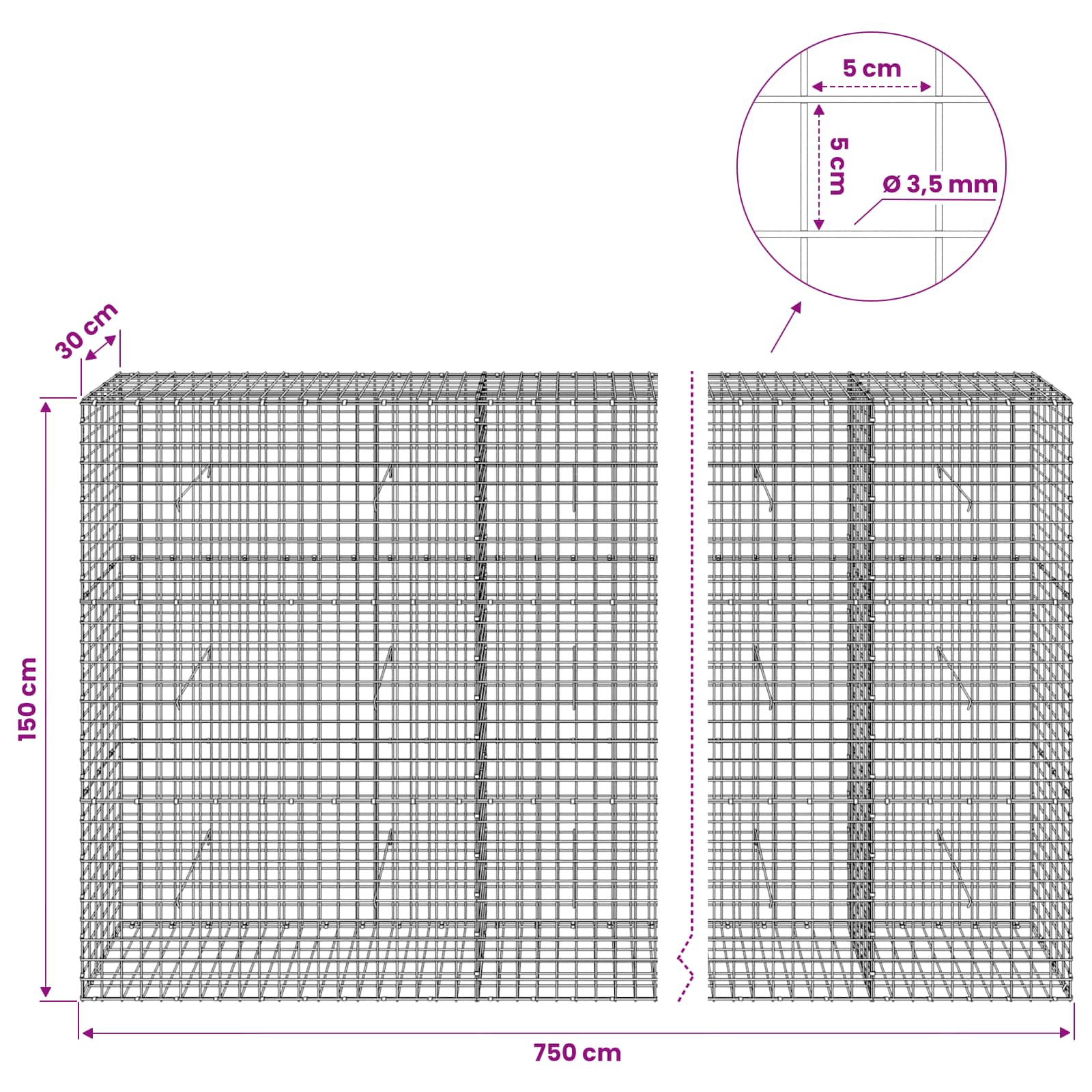 Gabion z žico 3,5 mm in mrežo 5x5 cm 750x30x150 cm
