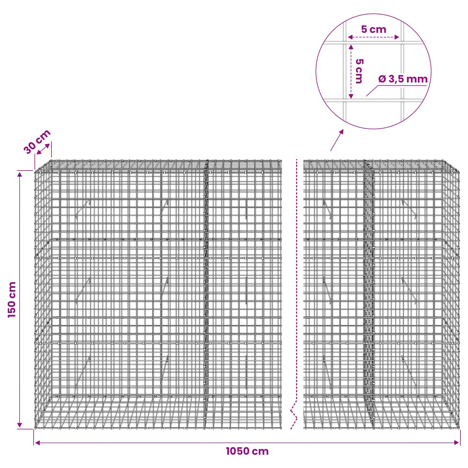Gabion z žico 3,5 mm in mrežo 5x5 cm 1050x30x150 cm
