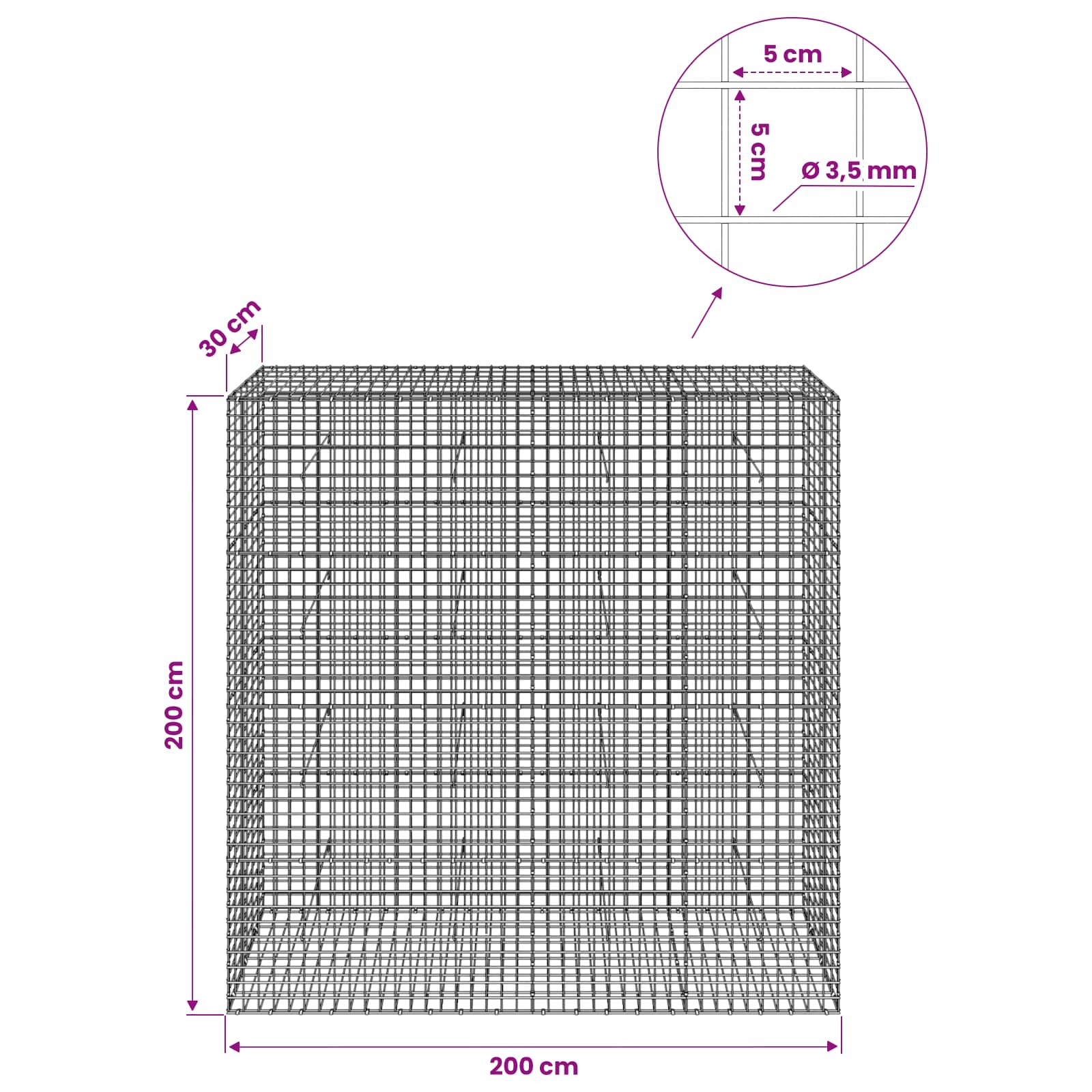 Gabion z žico 3,5 mm in mrežo 5x5 cm 200x30x200 cm