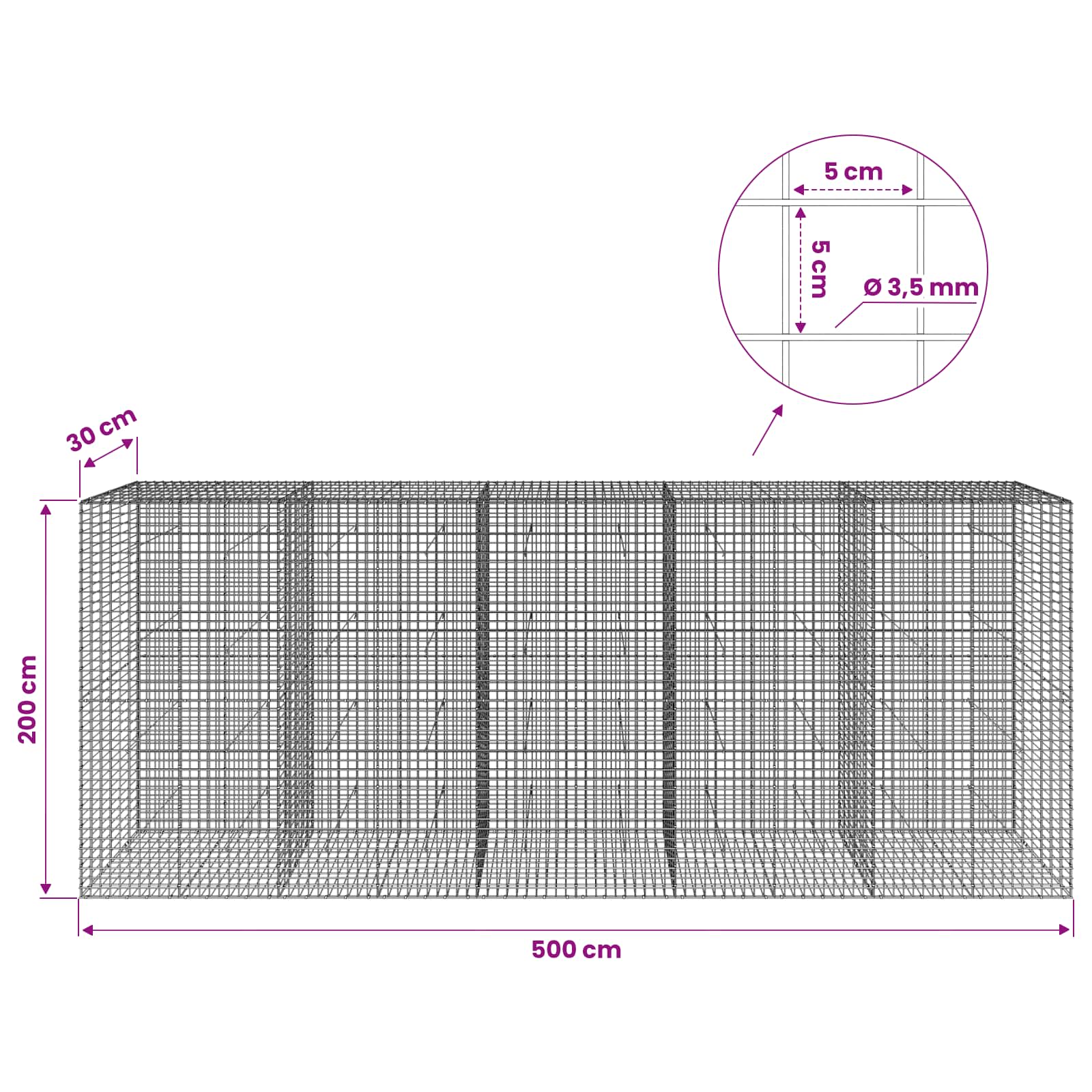 Gabion z žico 3,5 mm in mrežo 5x5 cm 500x30x200 cm