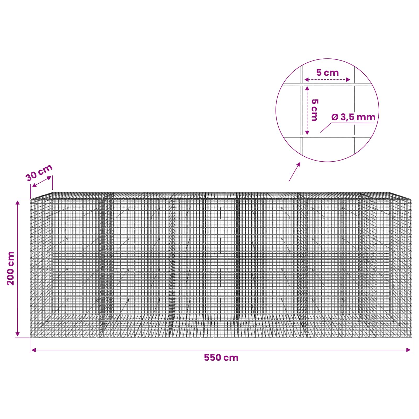 Gabion z žico 3,5 mm in mrežo 5x5 cm 550x30x200 cm
