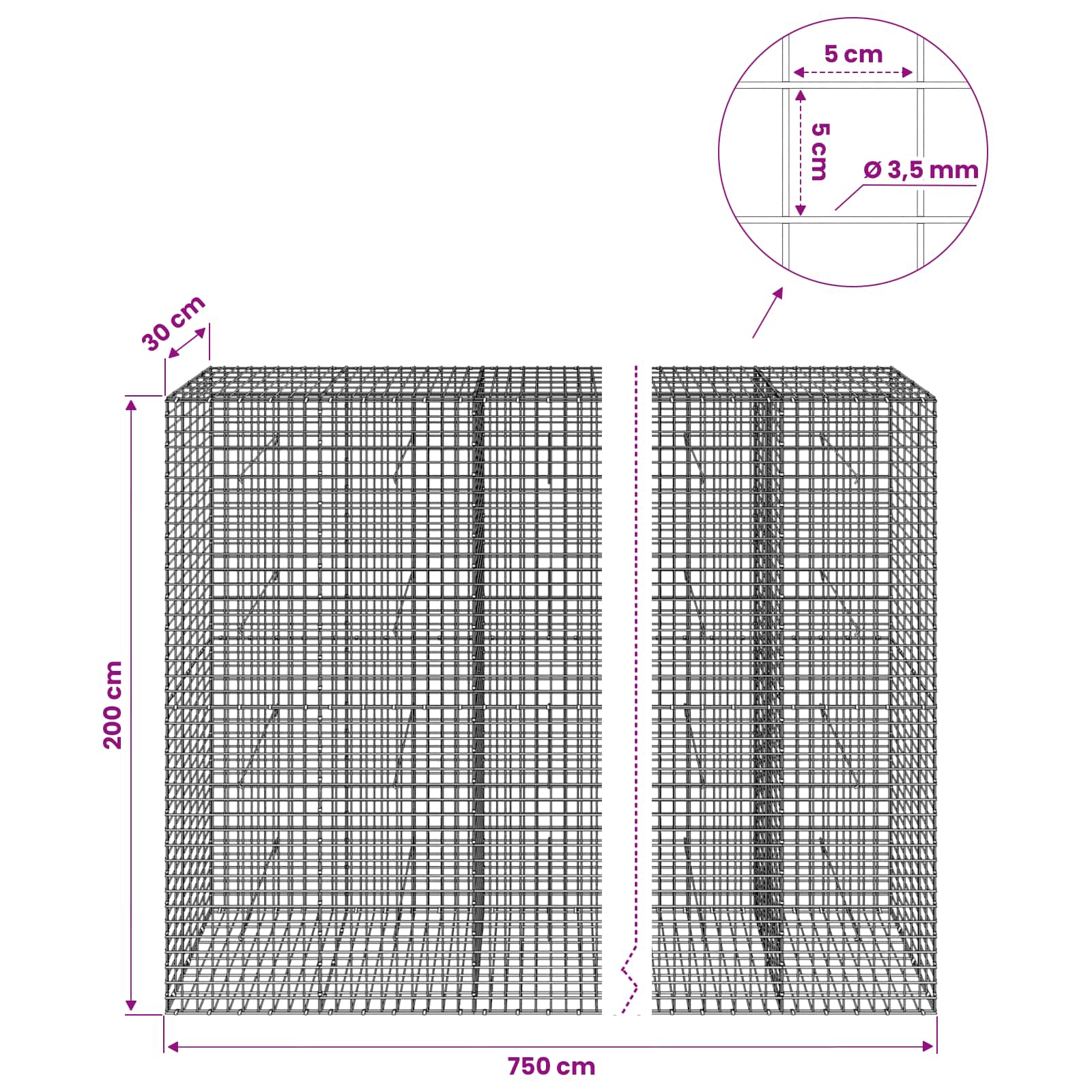 Gabion z žico 3,5 mm in mrežo 5x5 cm 750x30x200 cm