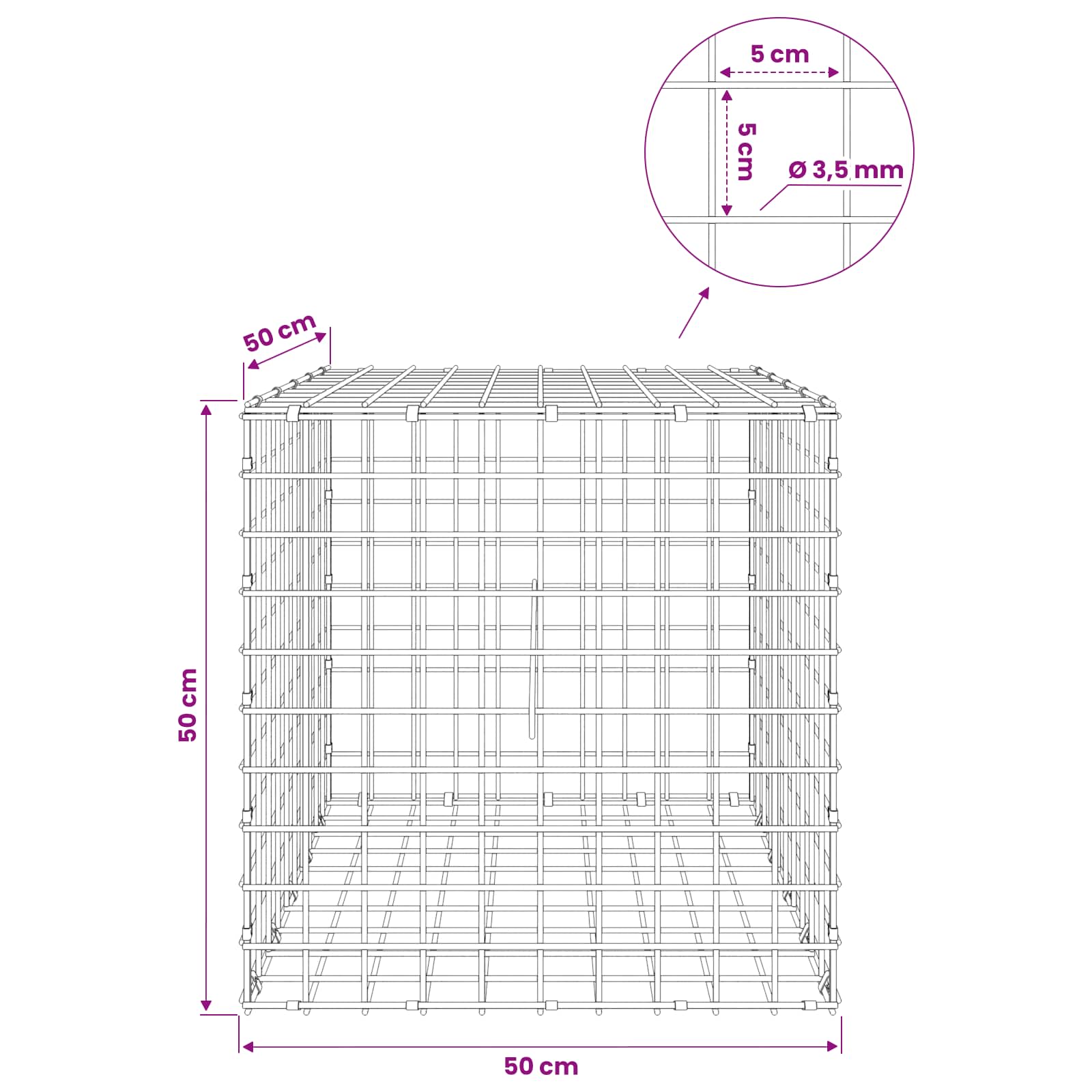 Gabion z žico 3,5 mm in mrežo 5x5 cm 50x50x50 cm
