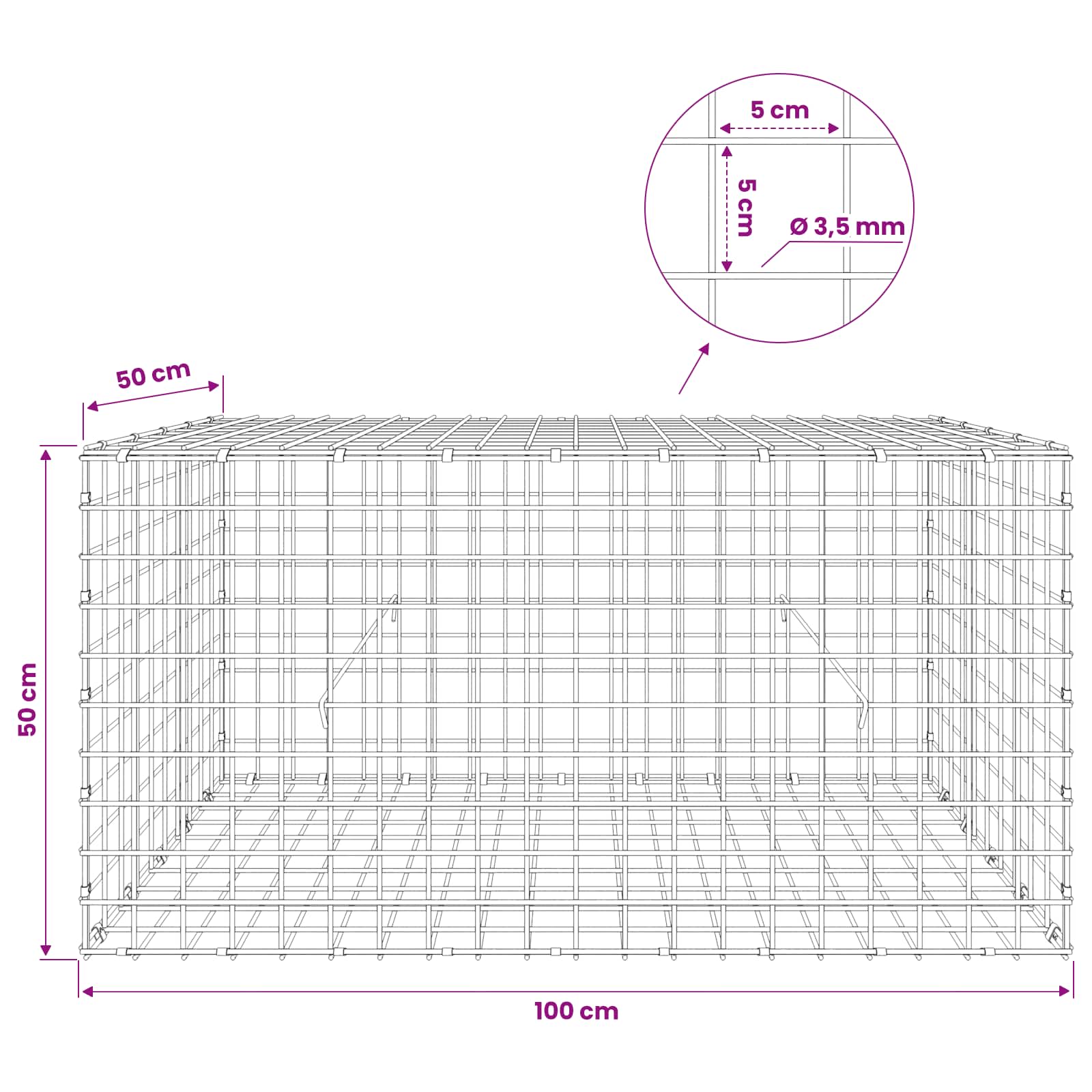 Gabion z žico 3,5 mm in mrežo 5x5 cm 100x50x50 cm