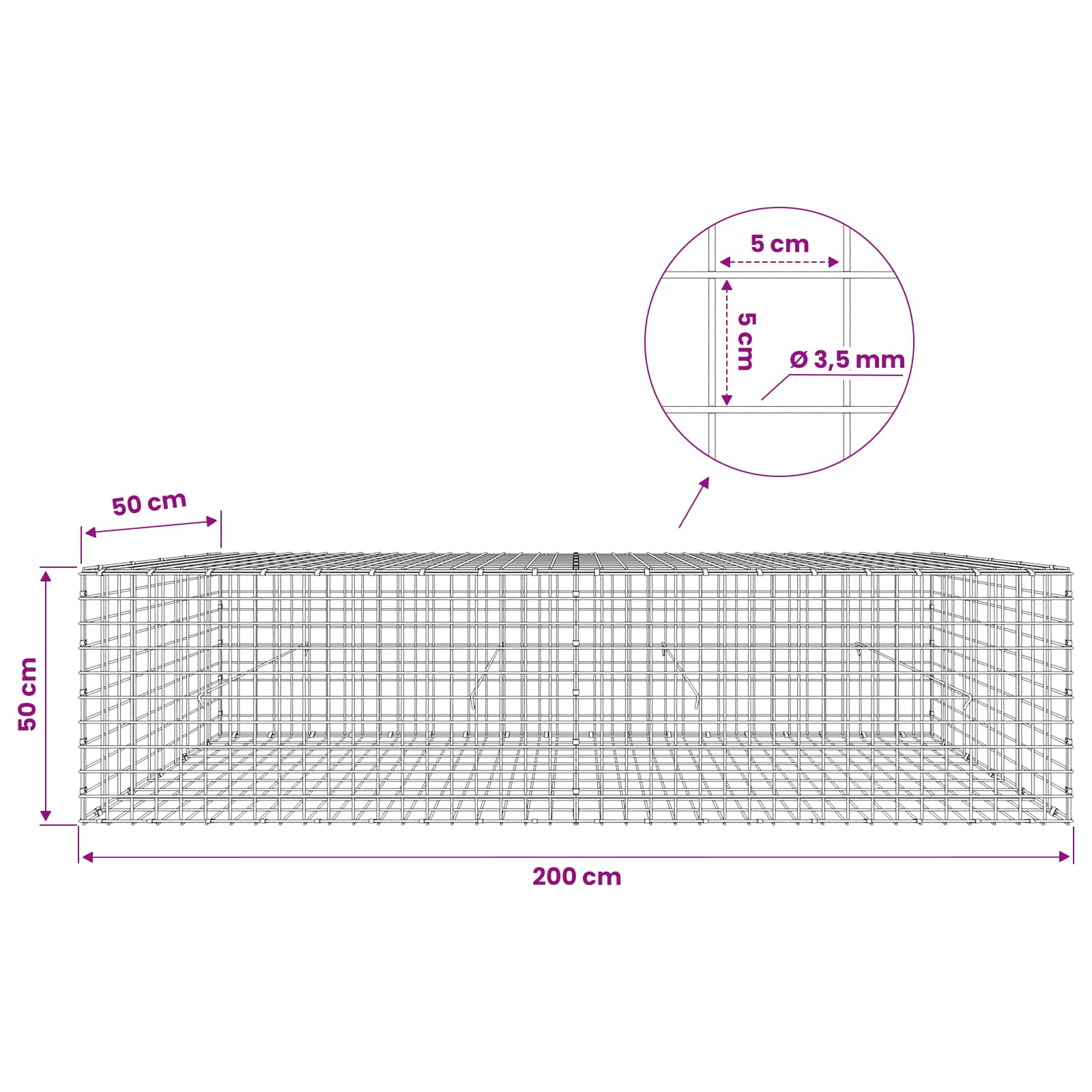 Gabion z žico 3,5 mm in mrežo 5x5 cm 200x50x50 cm