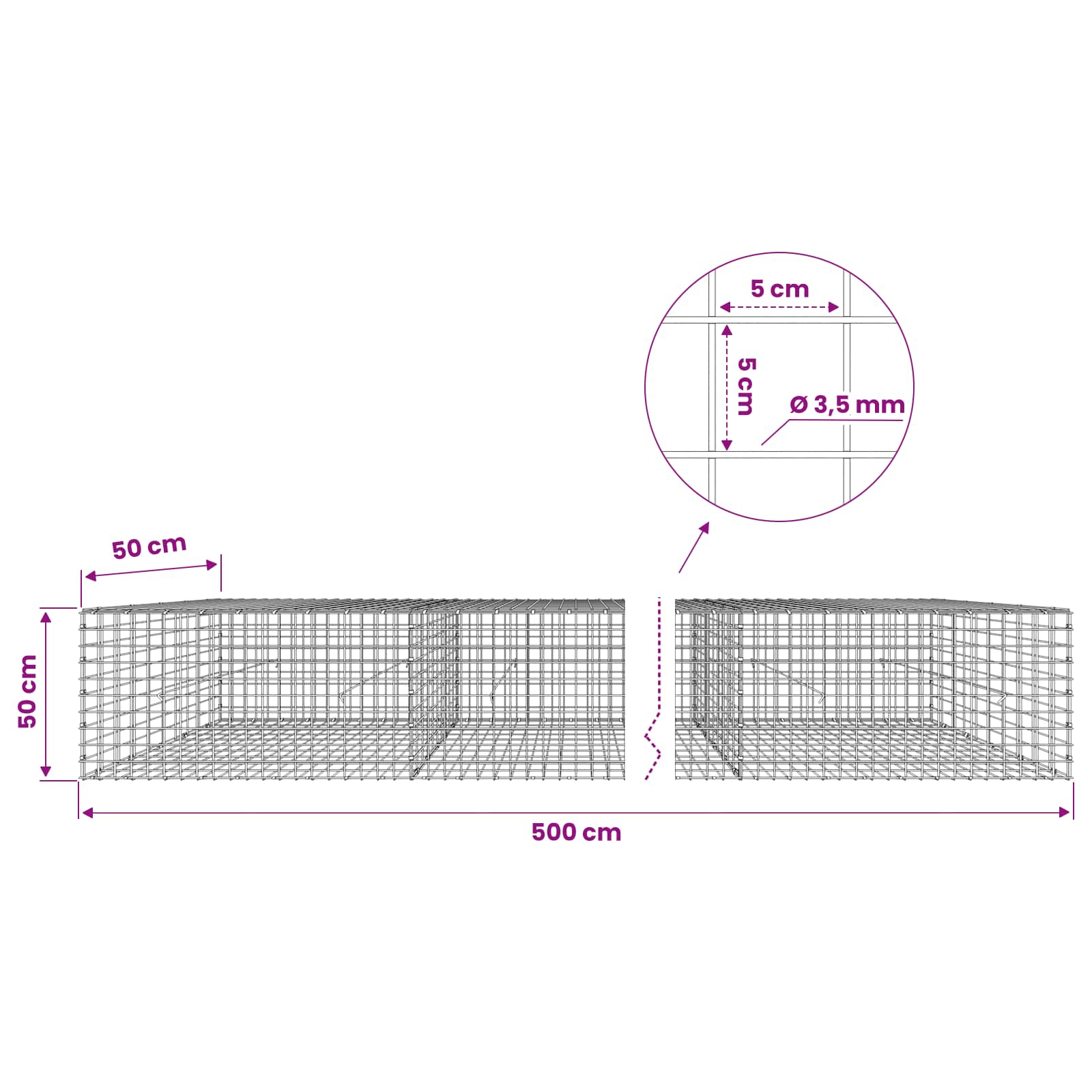 Gabion z žico 3,5 mm in mrežo 5x5 cm 500x50x50 cm