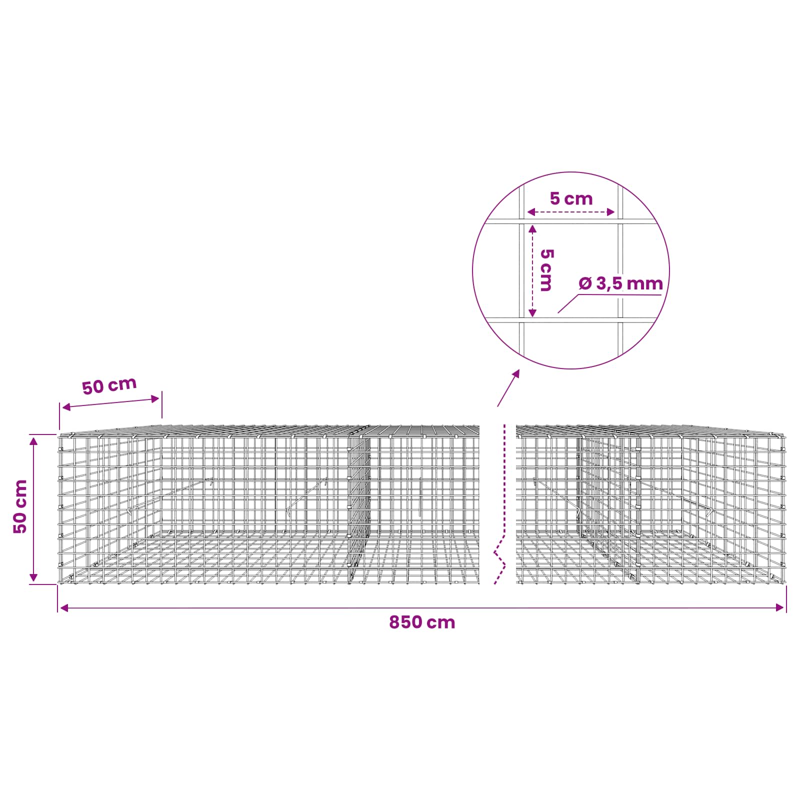 Gabion z žico 3,5 mm in mrežo 5x5 cm 850x50x50 cm