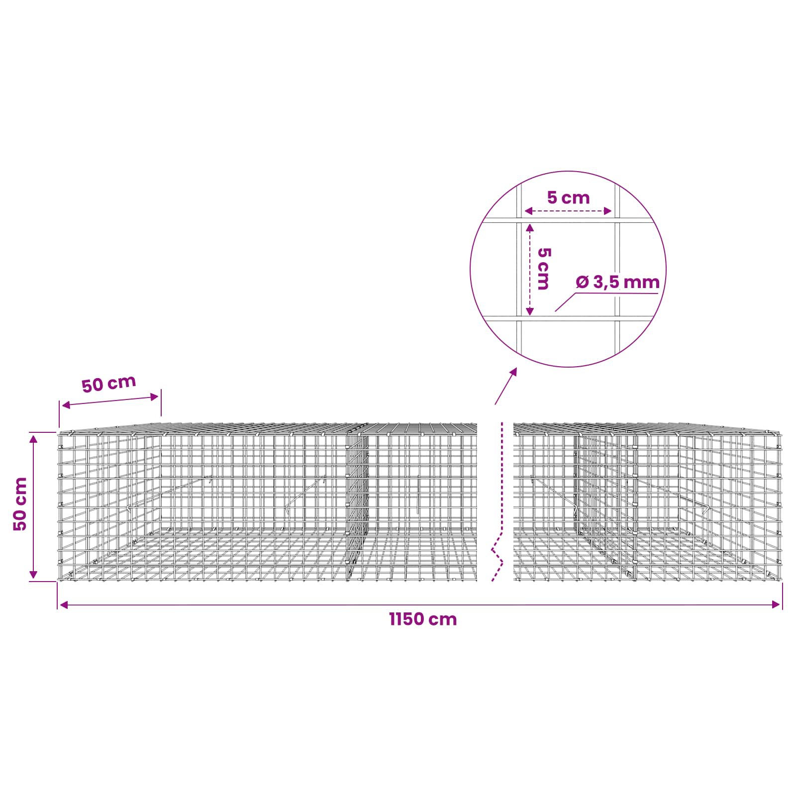 Gabion z žico 3,5 mm in mrežo 5x5 cm 1150x50x50 cm