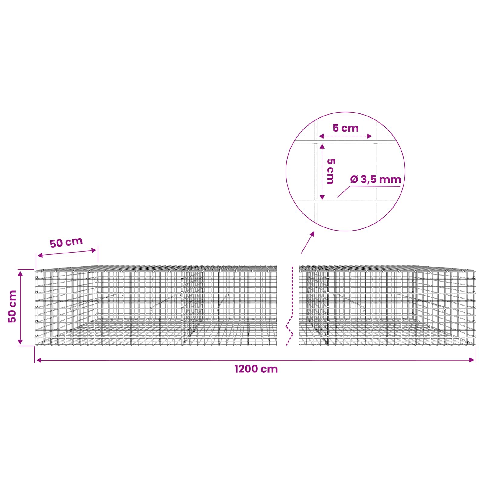 Gabion z žico 3,5 mm in mrežo 5x5 cm 1200x50x50 cm
