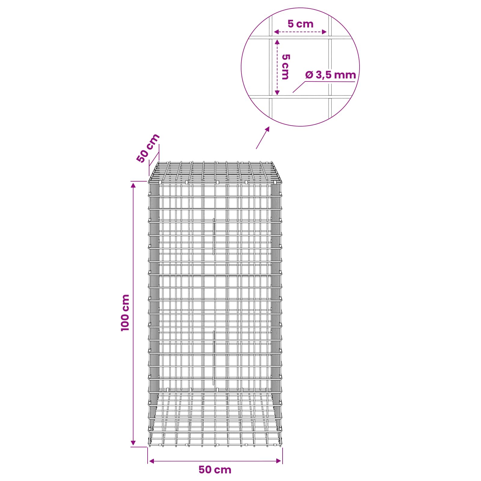 Gabion z žico 3,5 mm in mrežo 5x5 cm 50x50x100 cm