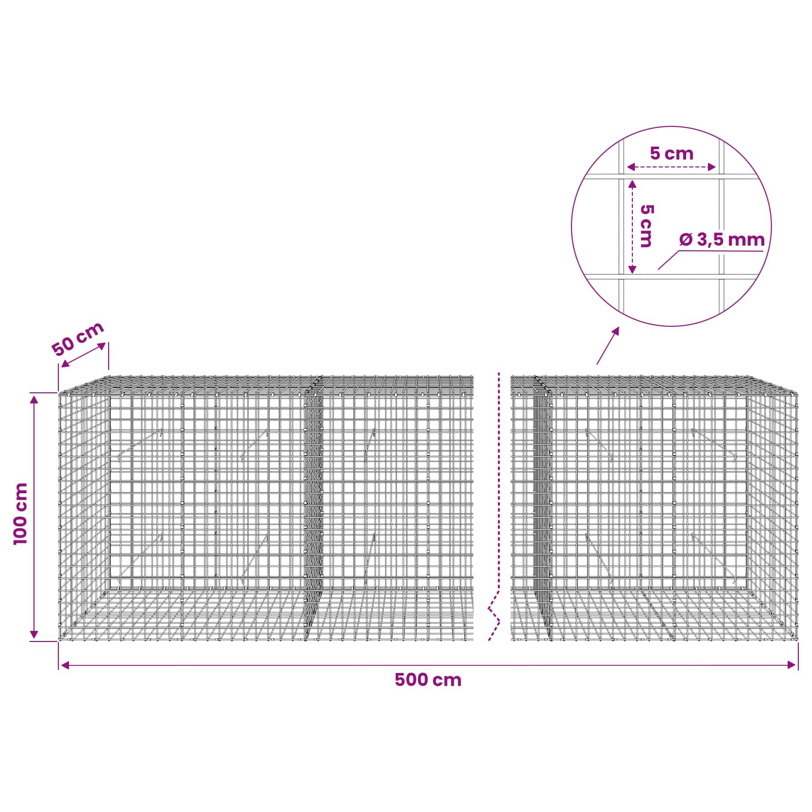 Gabion z žico 3,5 mm in mrežo 5x5 cm 500x50x100 cm