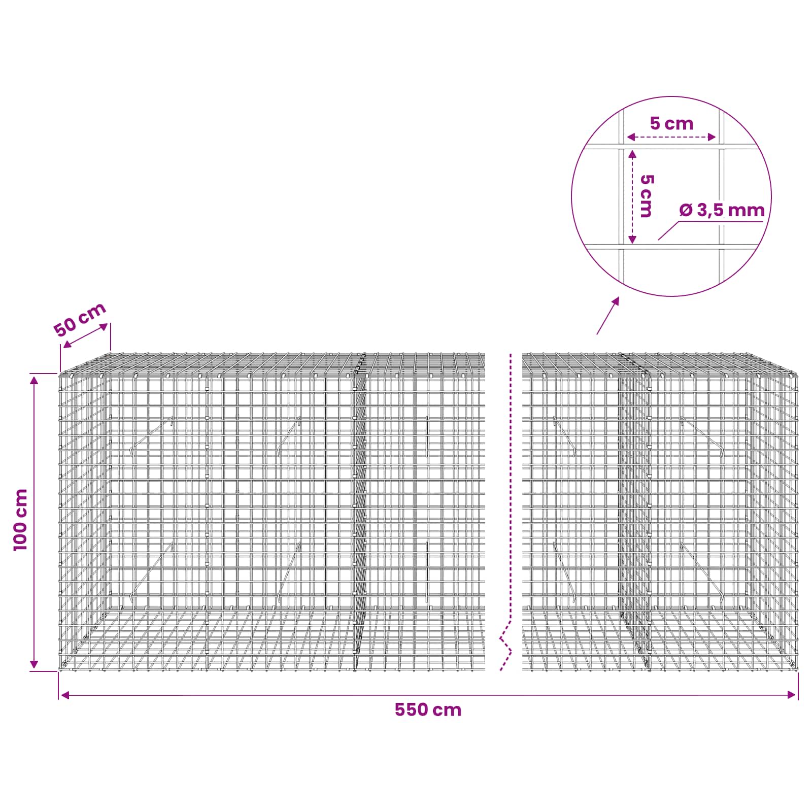 Gabion z žico 3,5 mm in mrežo 5x5 cm 550x50x100 cm