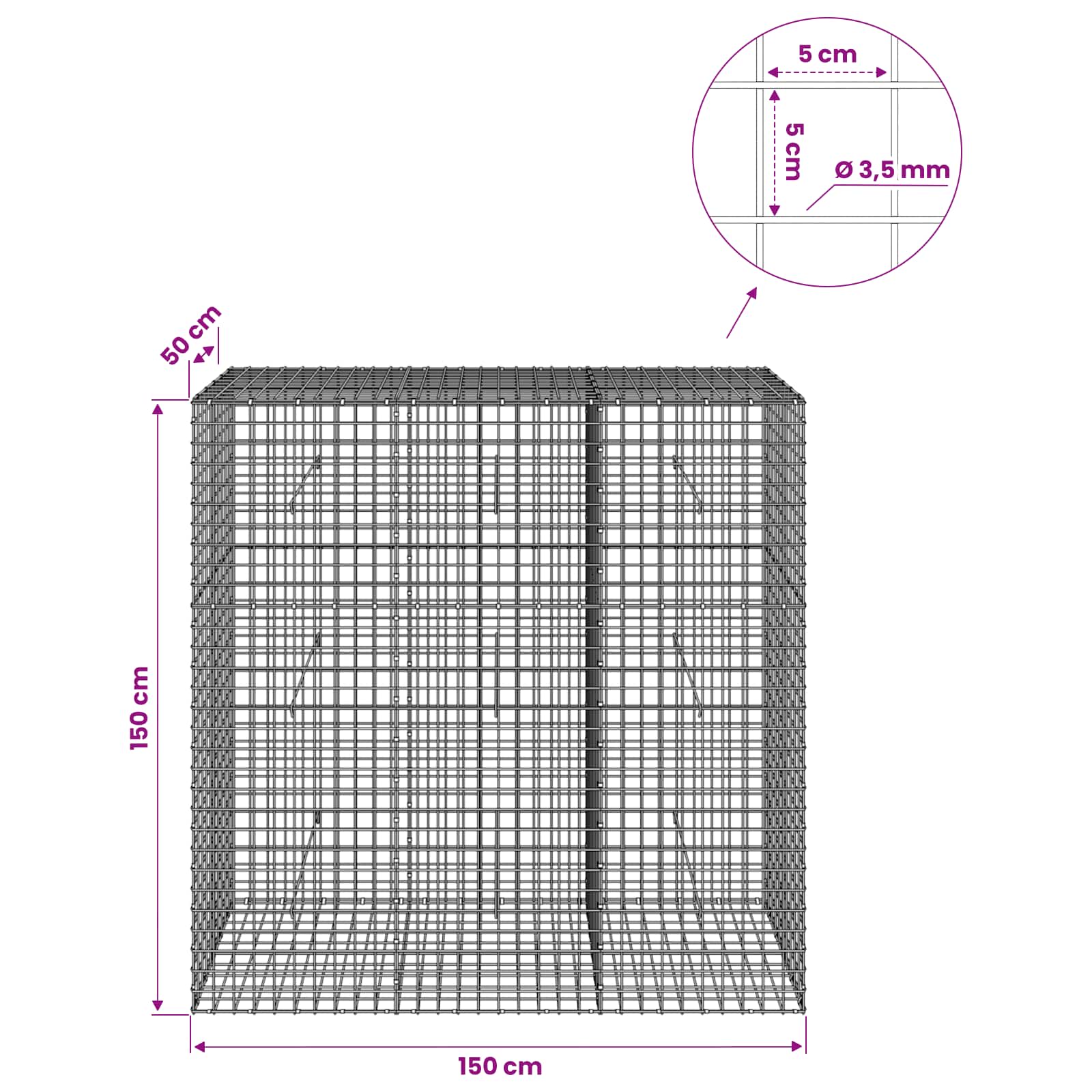 Gabion z žico 3,5 mm in mrežo 5x5 cm 150x50x150 cm