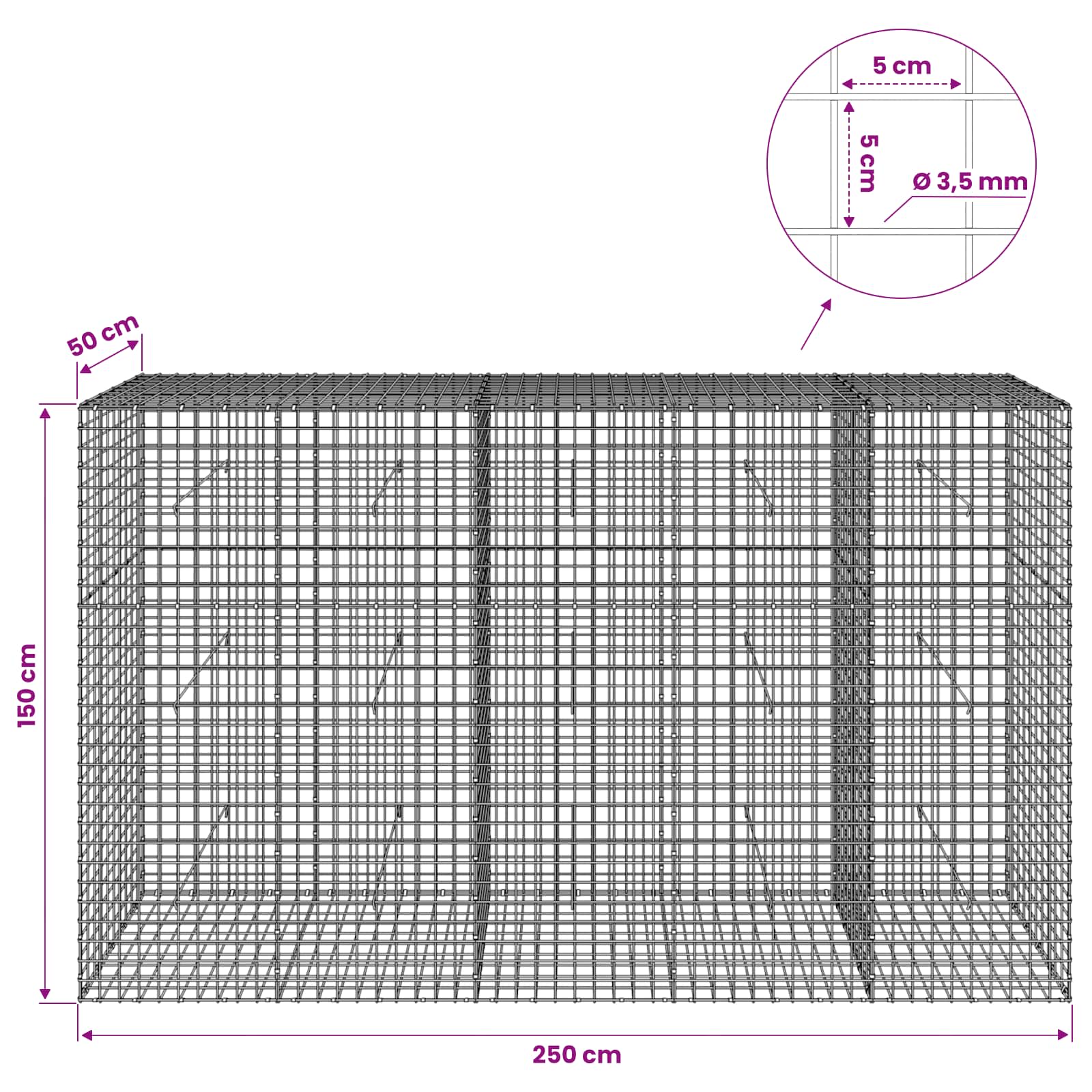 Gabion z žico 3,5 mm in mrežo 5x5 cm 250x50x150 cm