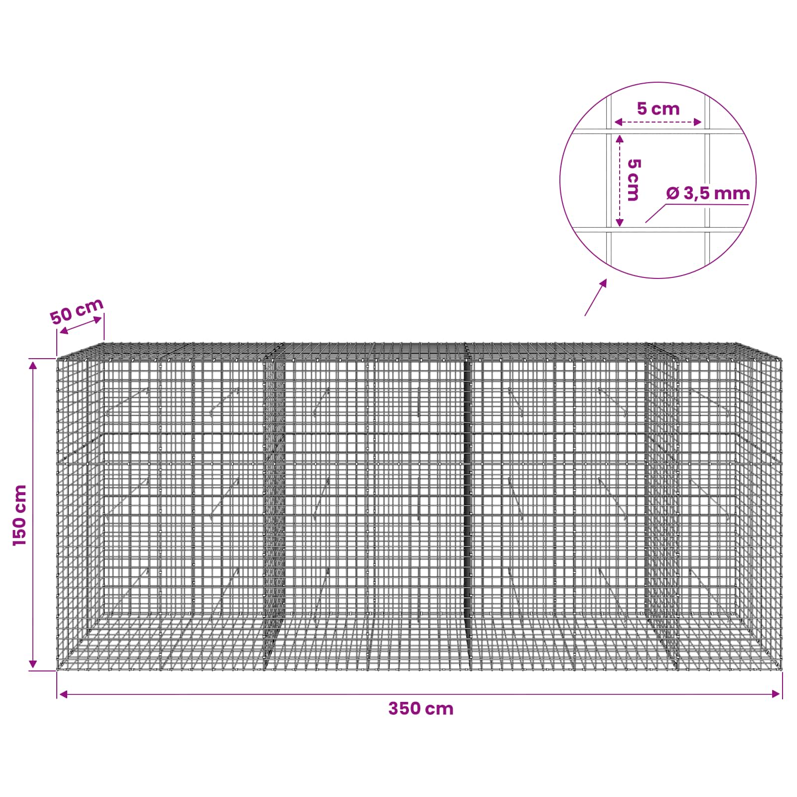 Gabion z žico 3,5 mm in mrežo 5x5 cm 350x50x150 cm