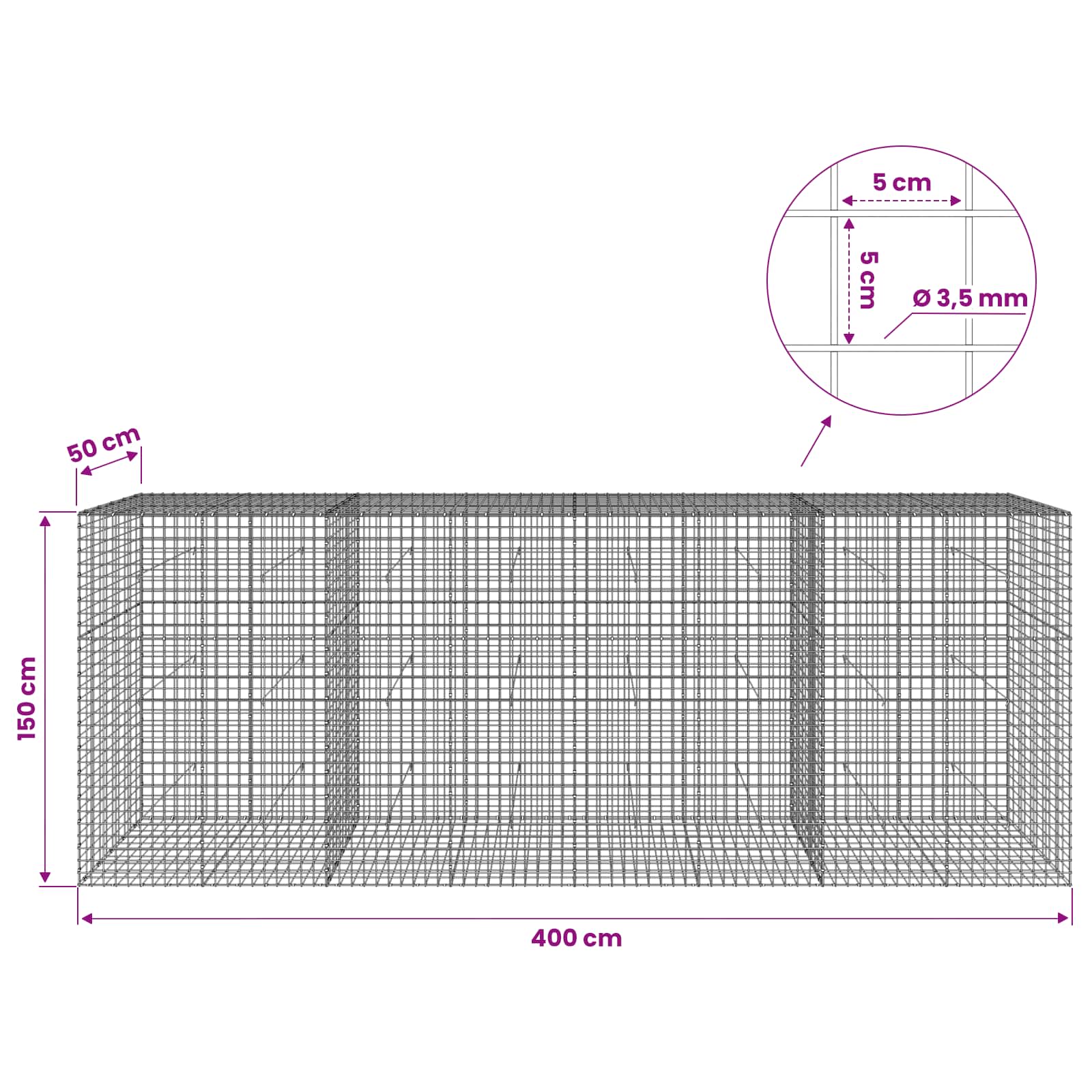 Gabion z žico 3,5 mm in mrežo 5x5 cm 400x50x150 cm