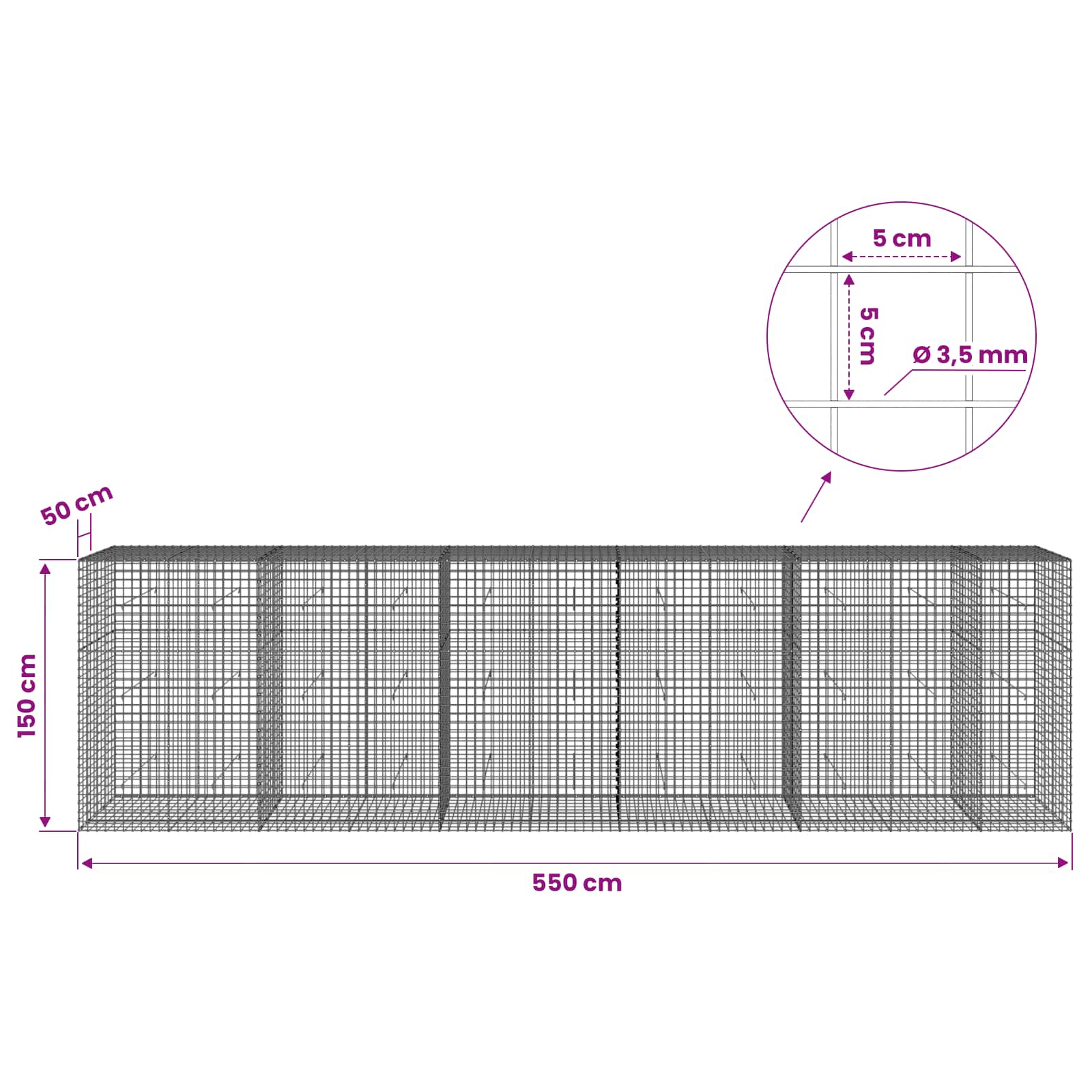 Gabion z žico 3,5 mm in mrežo 5x5 cm 550x50x150 cm